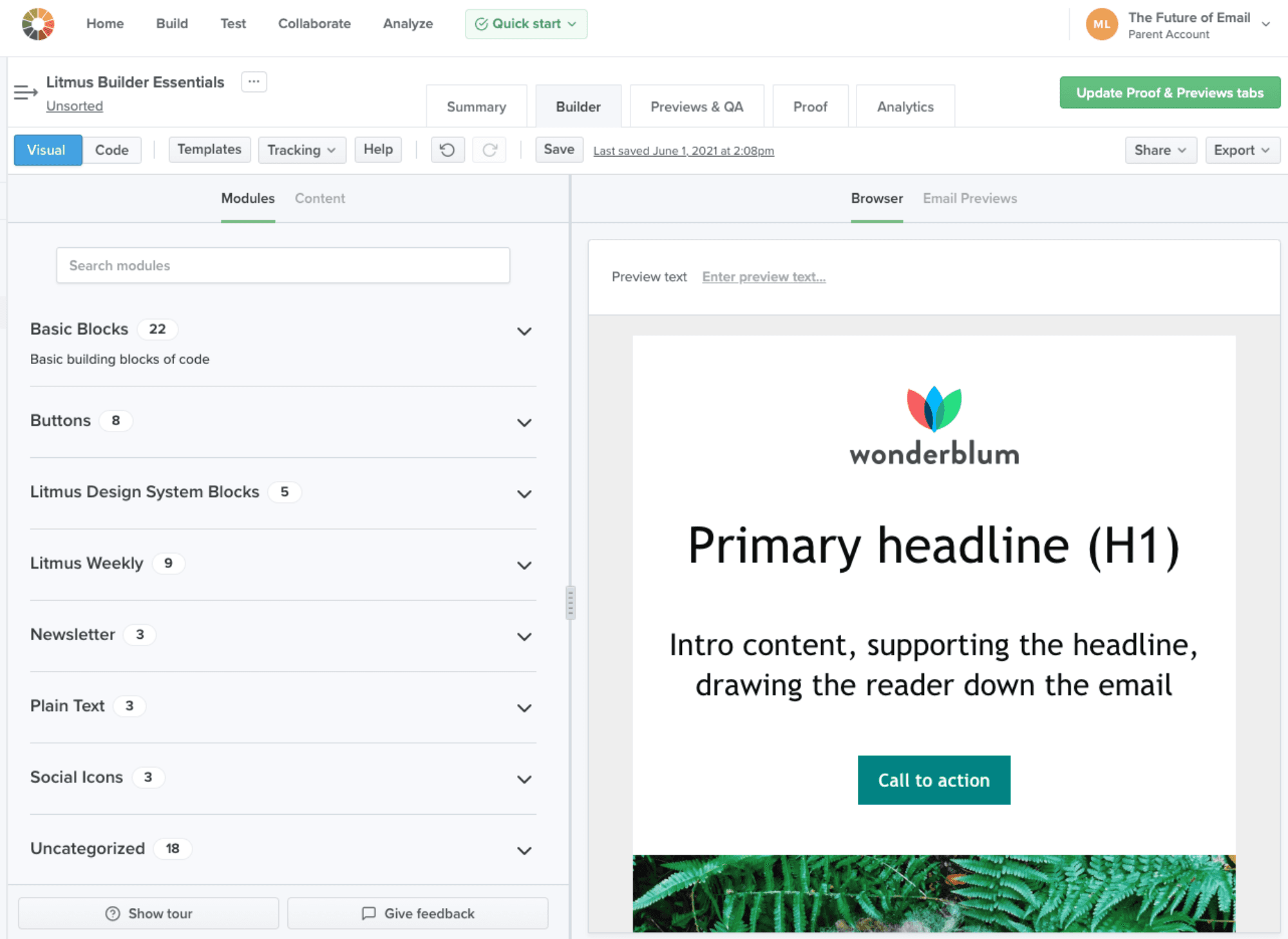  "Screenshot of the Litmus Builder email design tool showing the visual editor with blocks for buttons, social icons, and text, alongside a preview of an email template with a primary headline and call-to-action."