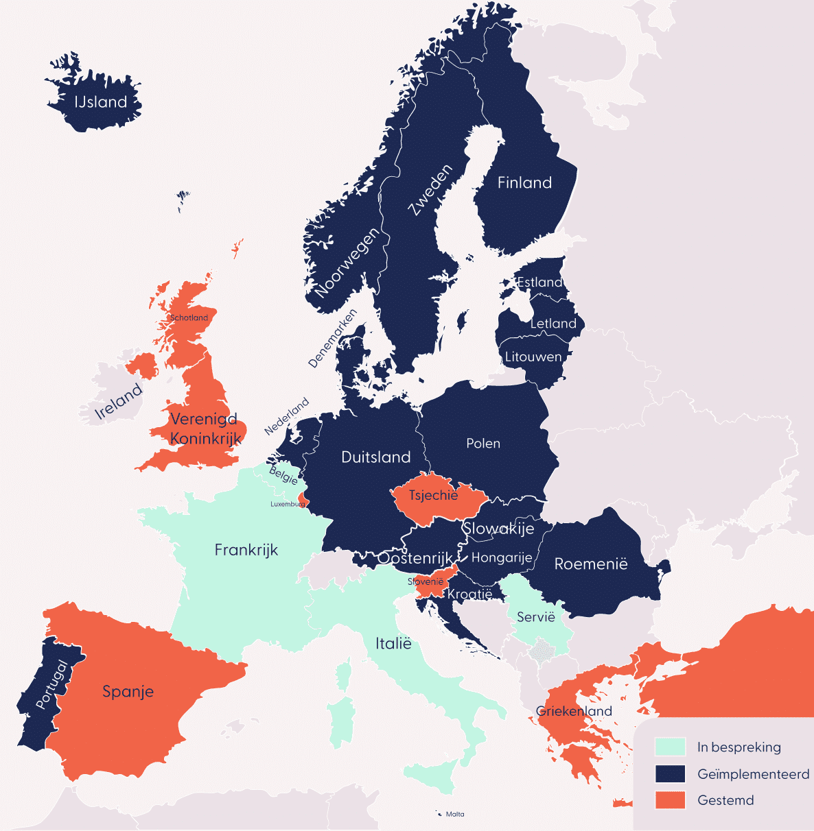 Kaart van Europa met landen die statiegeld ingevoerd hebben, goedgekeurd hebben of in bespreking hebben (2026)