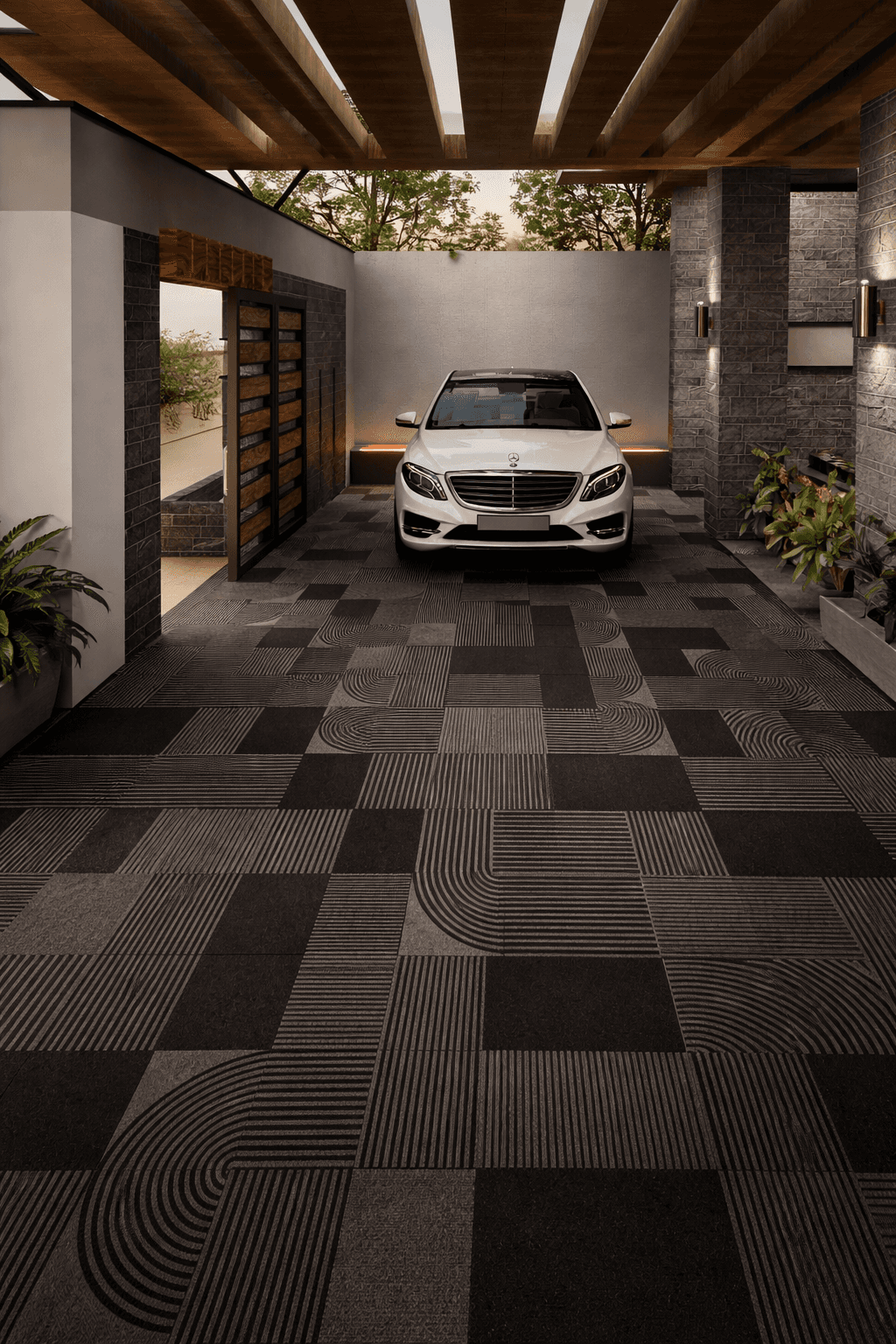 Gazelle stone paving layout with geometric pattern applied in modern outdoor flooring space