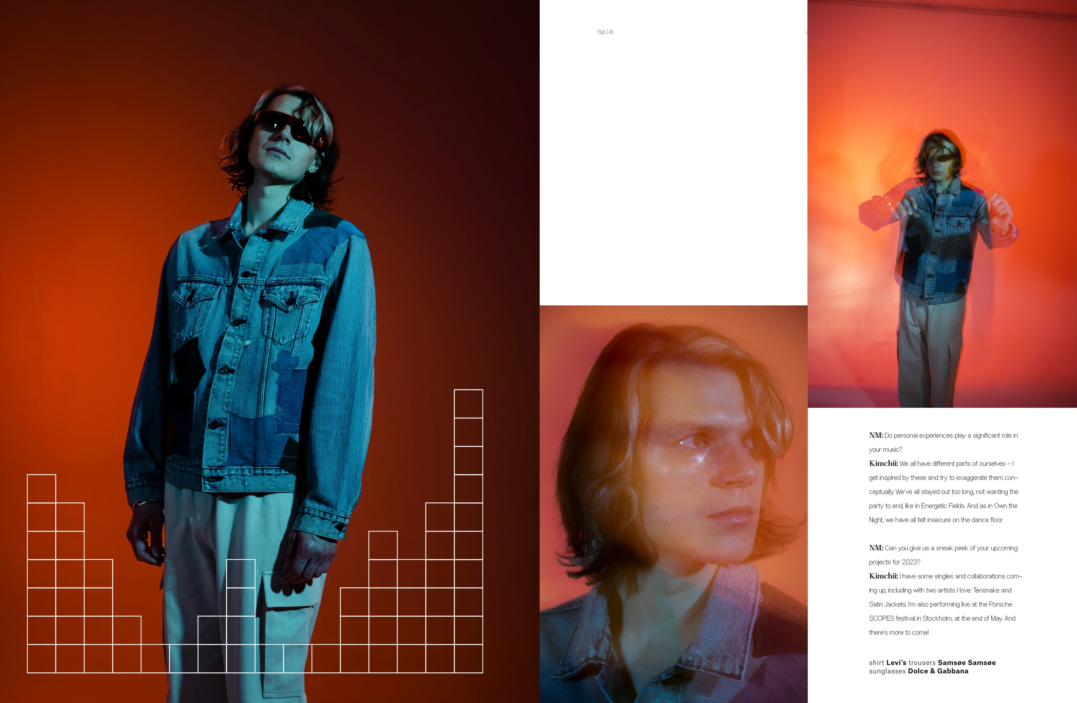 High Life spread combining cyan and orange portraits, layered exposures, graphic linework and interview text
