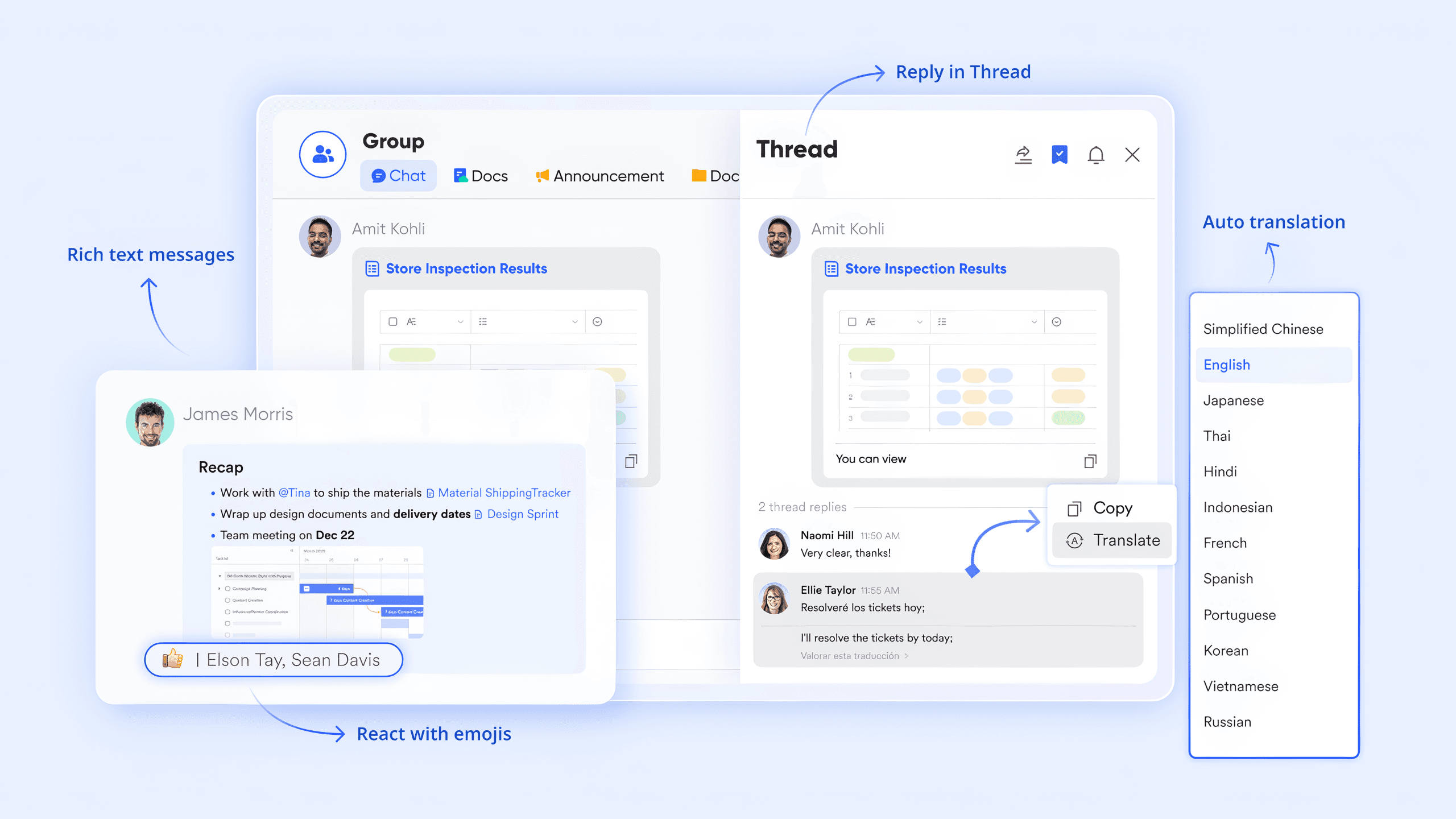Lark Messenger's chat threads and translation