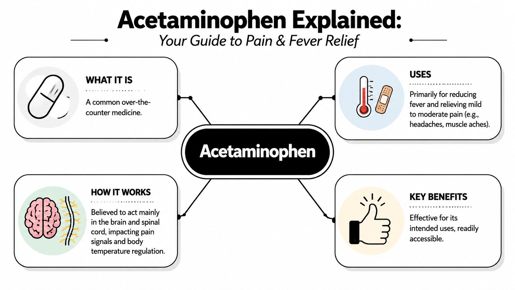 An infographic titled Acetaminophen Explained, covering what it is, its uses, how it works, and key benefits.