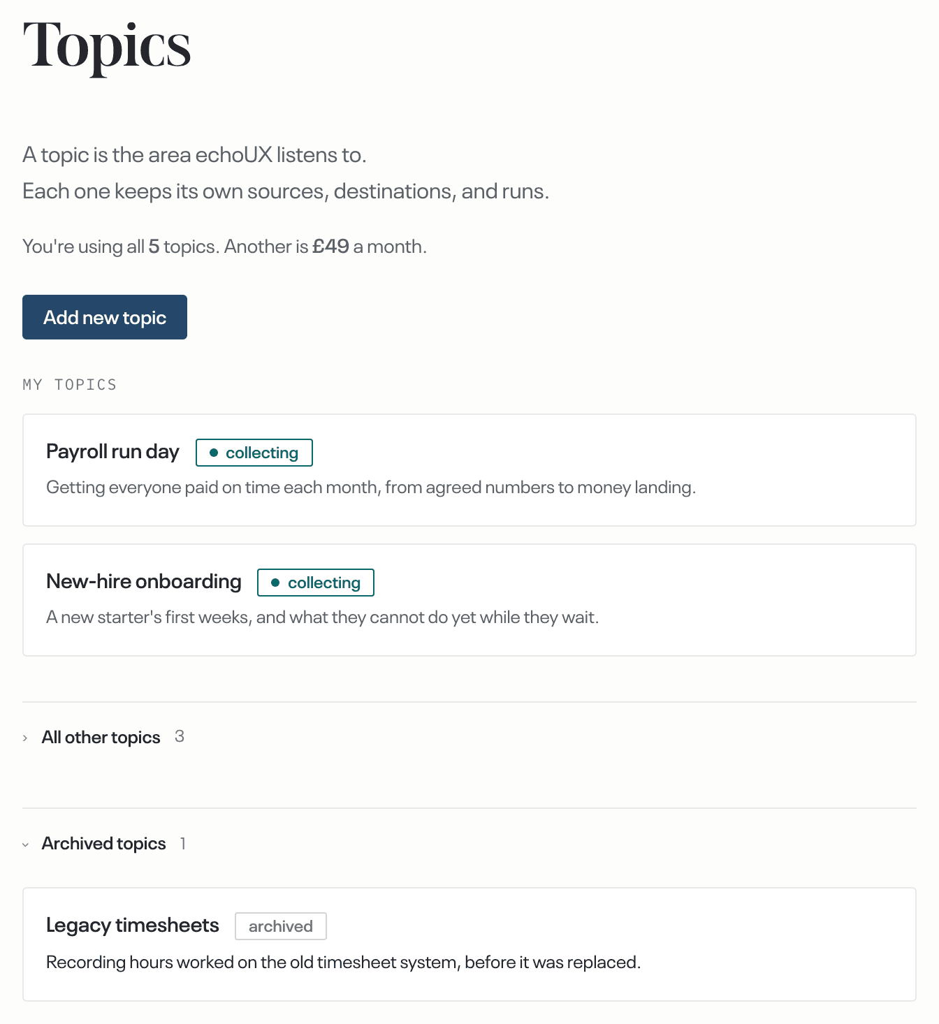 Topics · the Archived topics group at the foot, opened, one topic inside