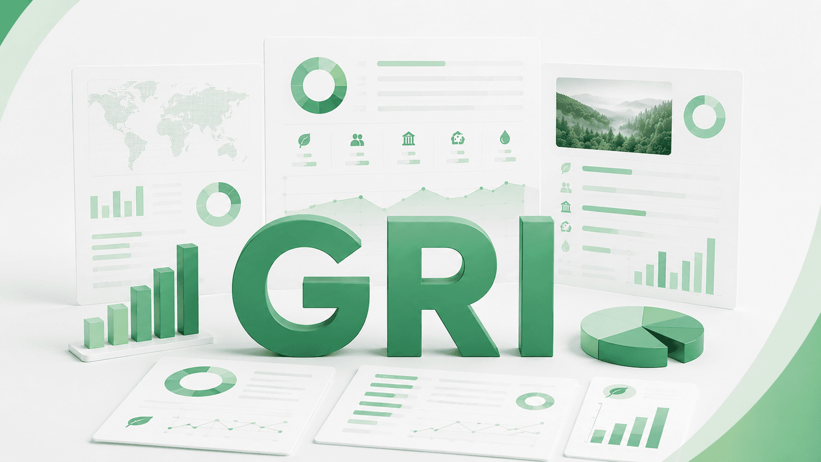 Cover image for an article about GRI standards, showing large green “GRI” lettering with sustainability reports, ESG dashboards, charts and environmental performance data in the background.