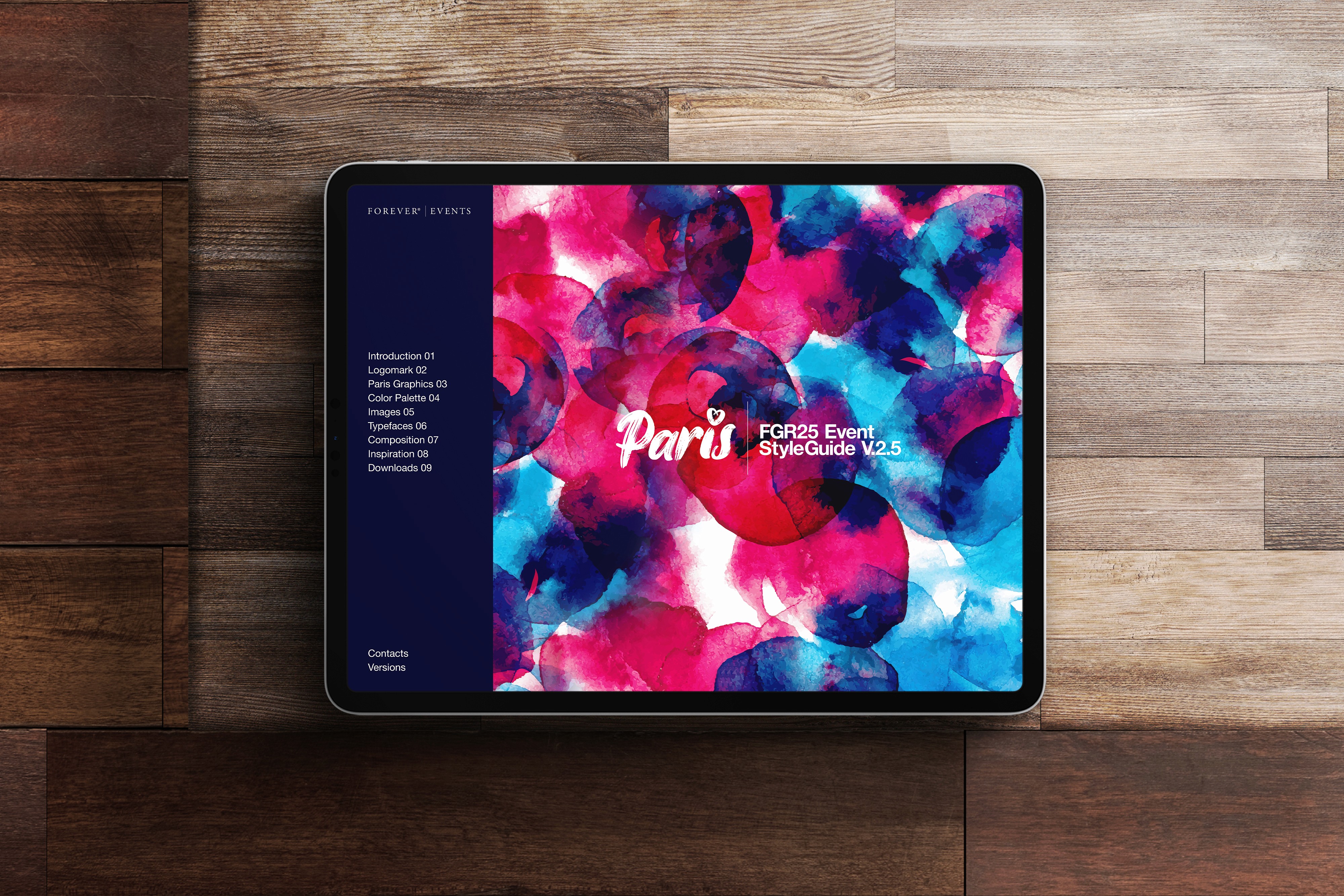 Event style guide set on an iPad on a wooden background