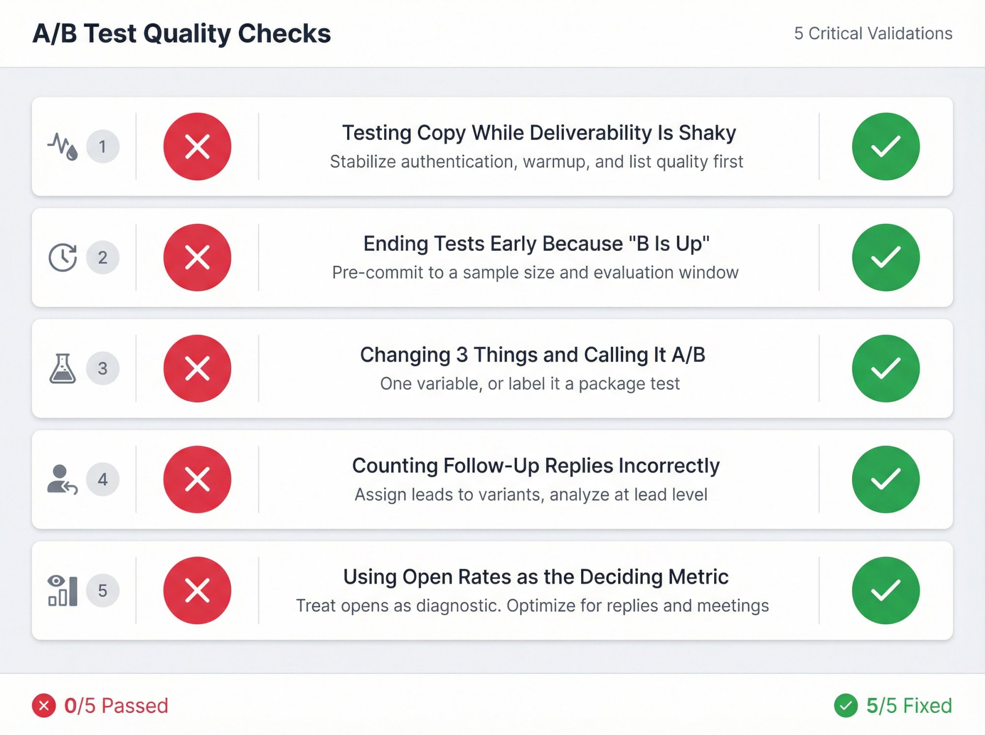 Quality control dashboard showing 5 common A/B testing mistakes marked with red X indicators and their corresponding green checkmark fixes