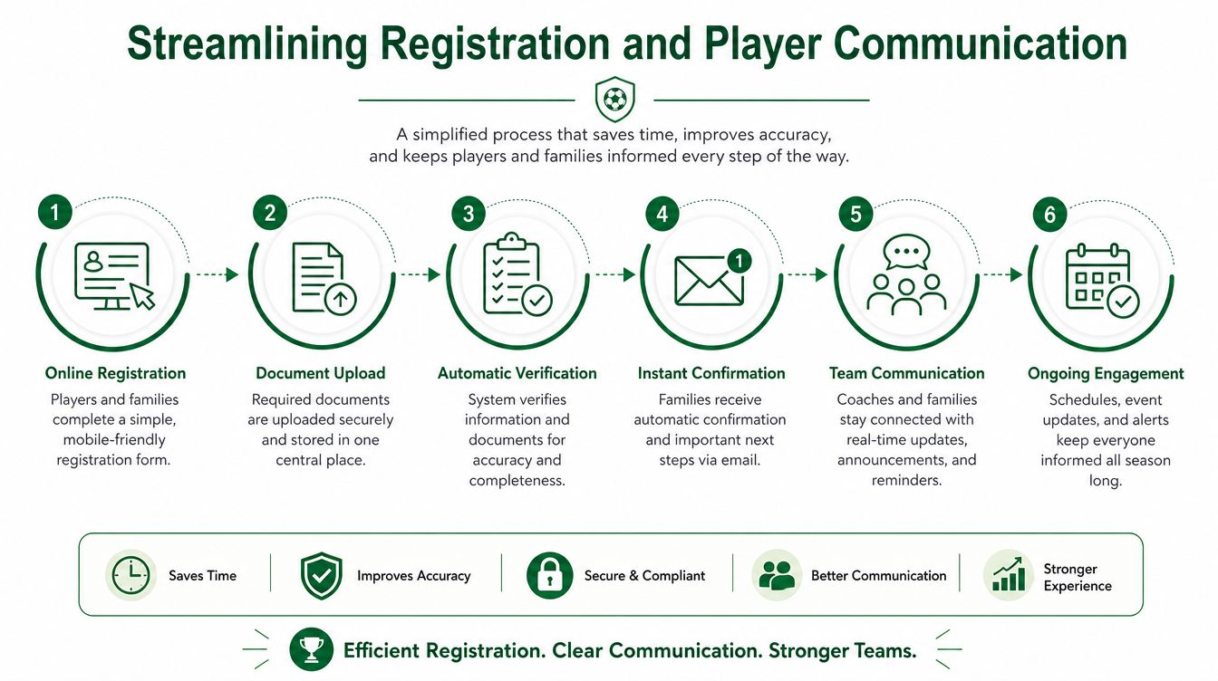 A six-step infographic illustrating a streamlined registration and player communication process for youth sports teams.