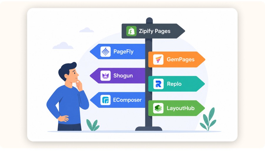 Alt : Illustration d’un utilisateur choisissant entre plusieurs alternatives à Zipify