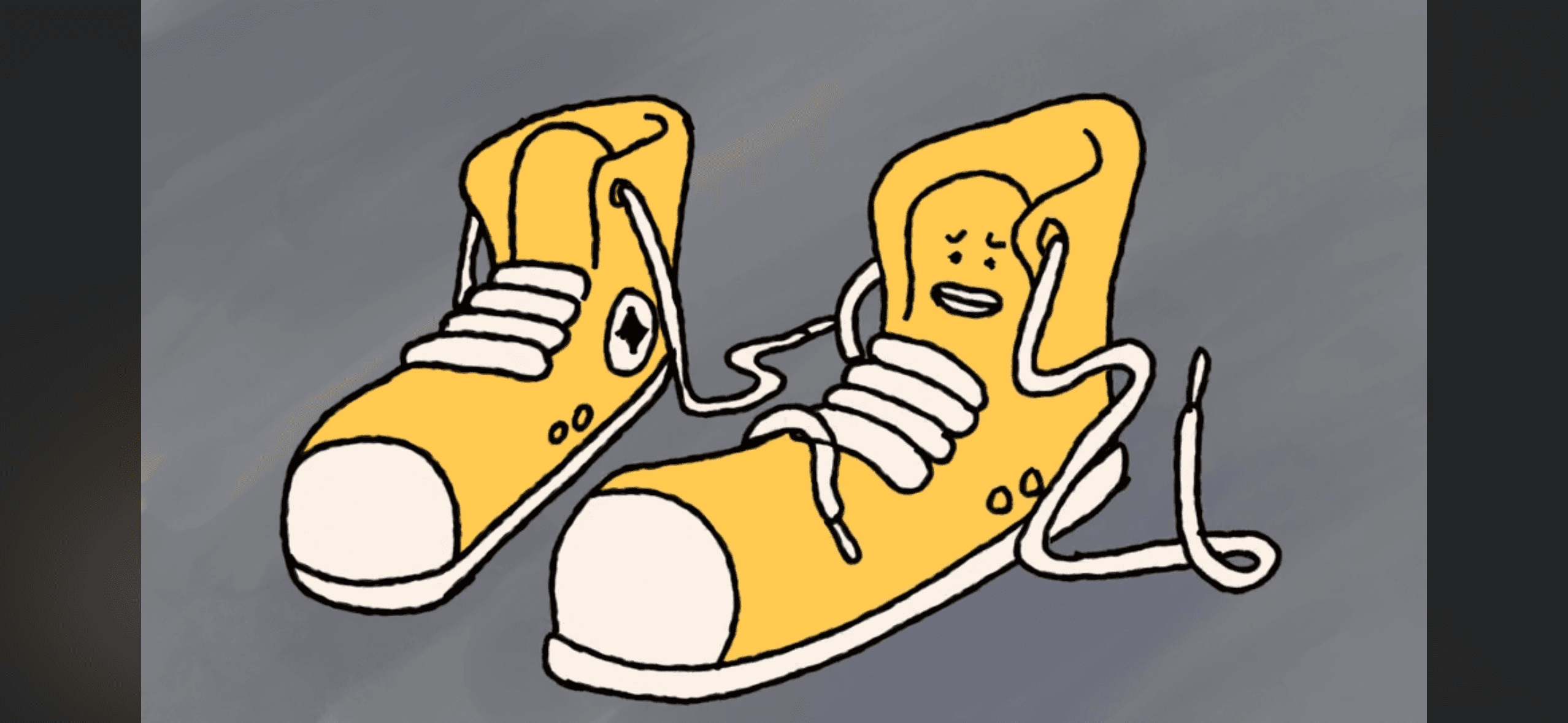 Illustration of a pair of yellow high-top sneakers with cartoon faces, laces untied and loosely coiled.