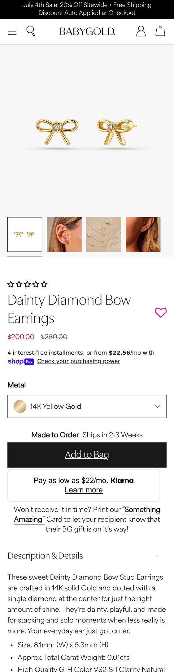 Jewelry product options include: earring for 14K Gold Dainty Diamond Bow Earrings from Baby Gold.