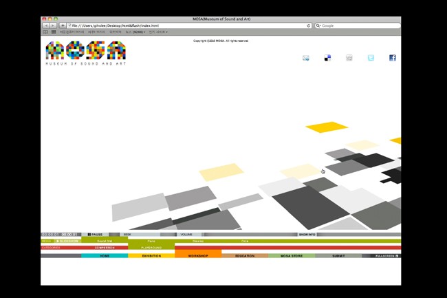 A screenshot displays a computer screen showing the Museum of Sound and Art website. The website’s header includes the museum’s logo and name. The content area displays a grid of overlapping gray rectangles in various shades, against a white background. A navigation bar at the bottom includes links like “HOME,” “EXHIBITION,” and “WORKSHOP.” A copyright notice is visible near the top center.