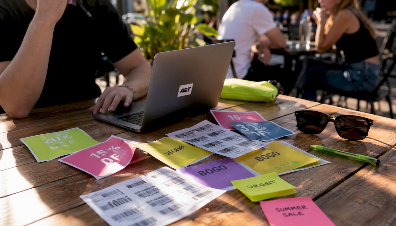Close-up of retail discount promotional materials on desk