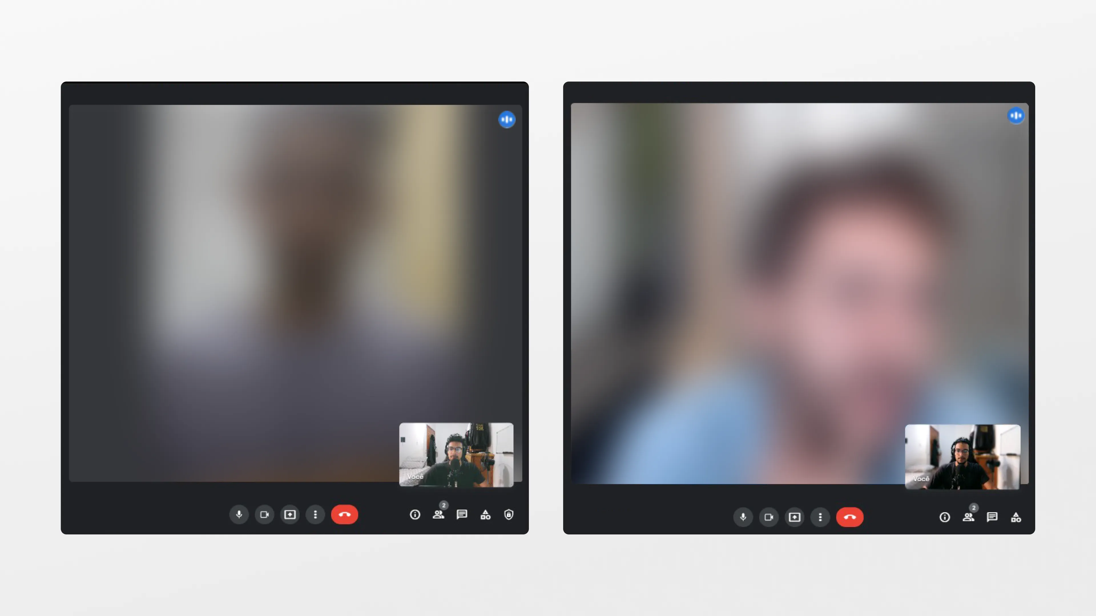 A Google Meet video call showing participants in an in-depth interview. The screen displays several webcams with names overlaid, highlighting the active speaker. Meeting controls appear at the bottom, and a chat panel is visible on the right for notes or questions.