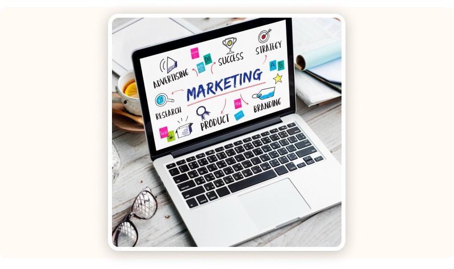 Laptop displaying a marketing strategy diagram