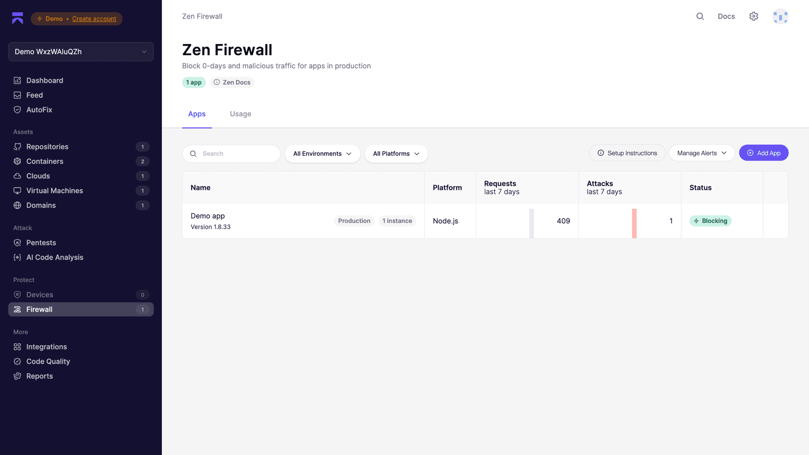 Aikido Zen Firewall view inside the app showing a Node.js demo app in blocking mode with request and attack counts over the last 7 days