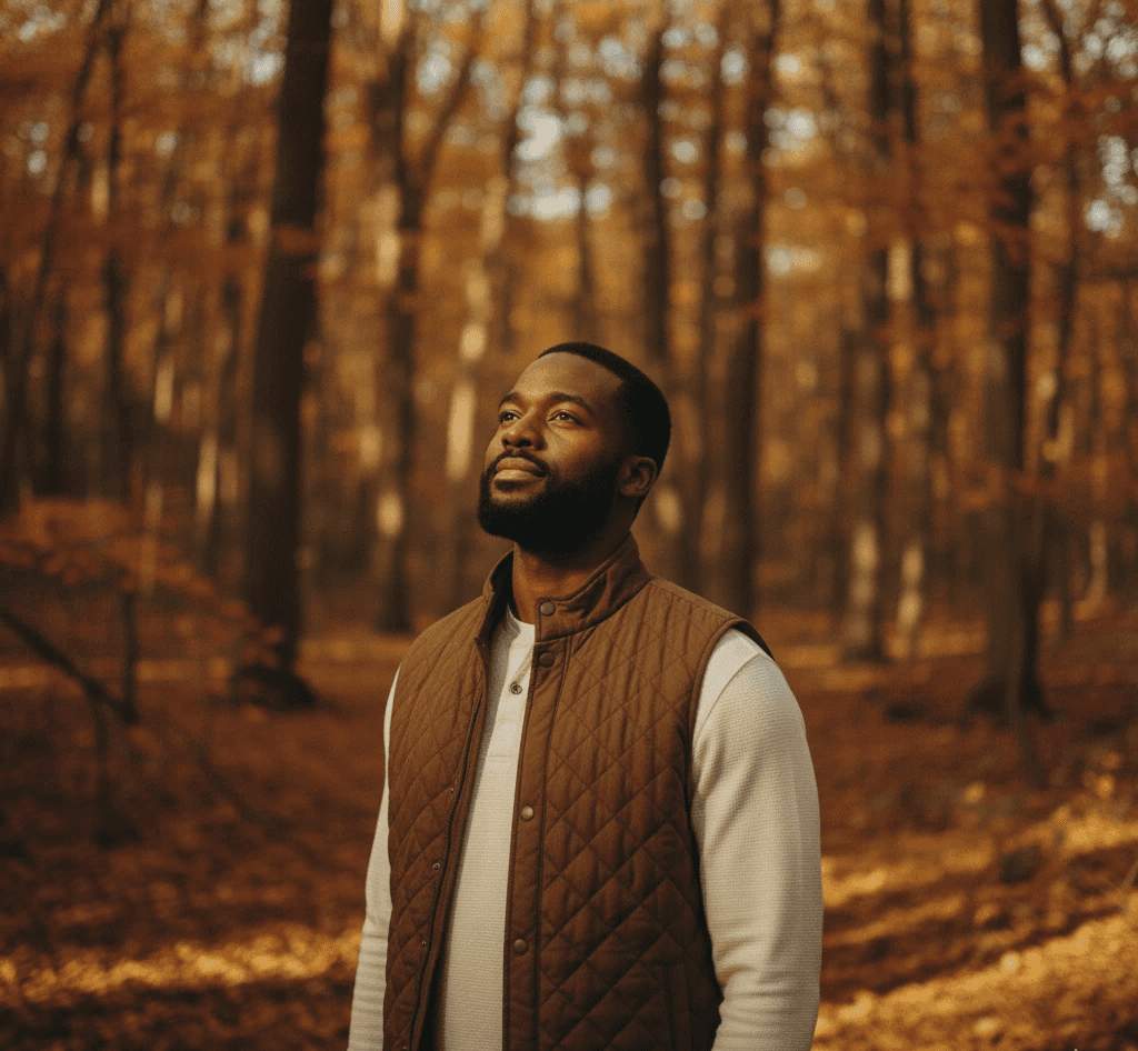 Black man in a quilted vest standing in a fall forest, one hand on his chest taking a slow breath. Warm amber leaves and soft golden light. Represents mindful pain relief and chronic pain care in Oak Park