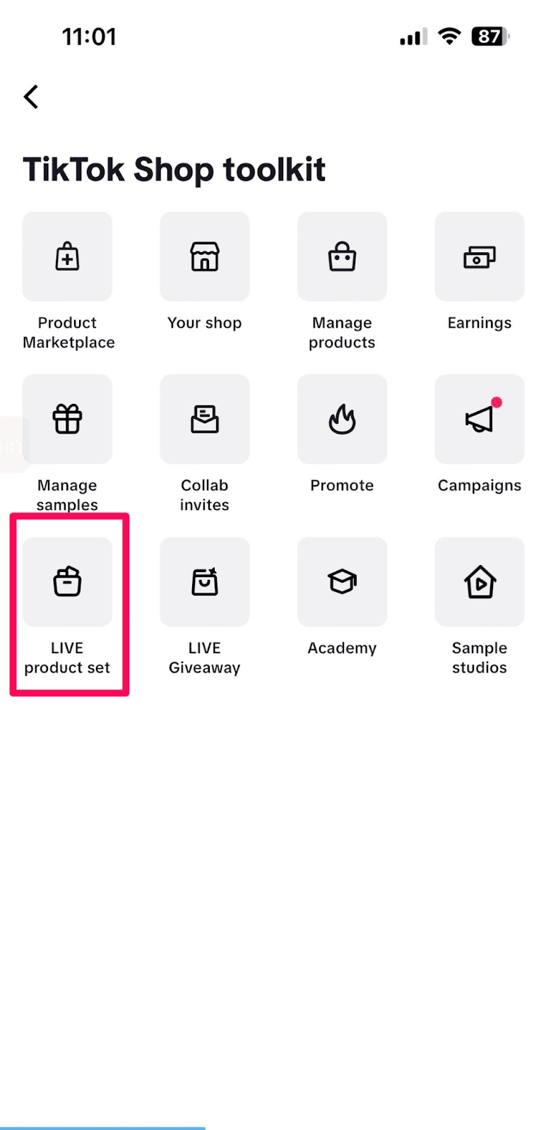A screenshot of the TikTok Shop toolkit with the "LIVE product set" button highlighted.