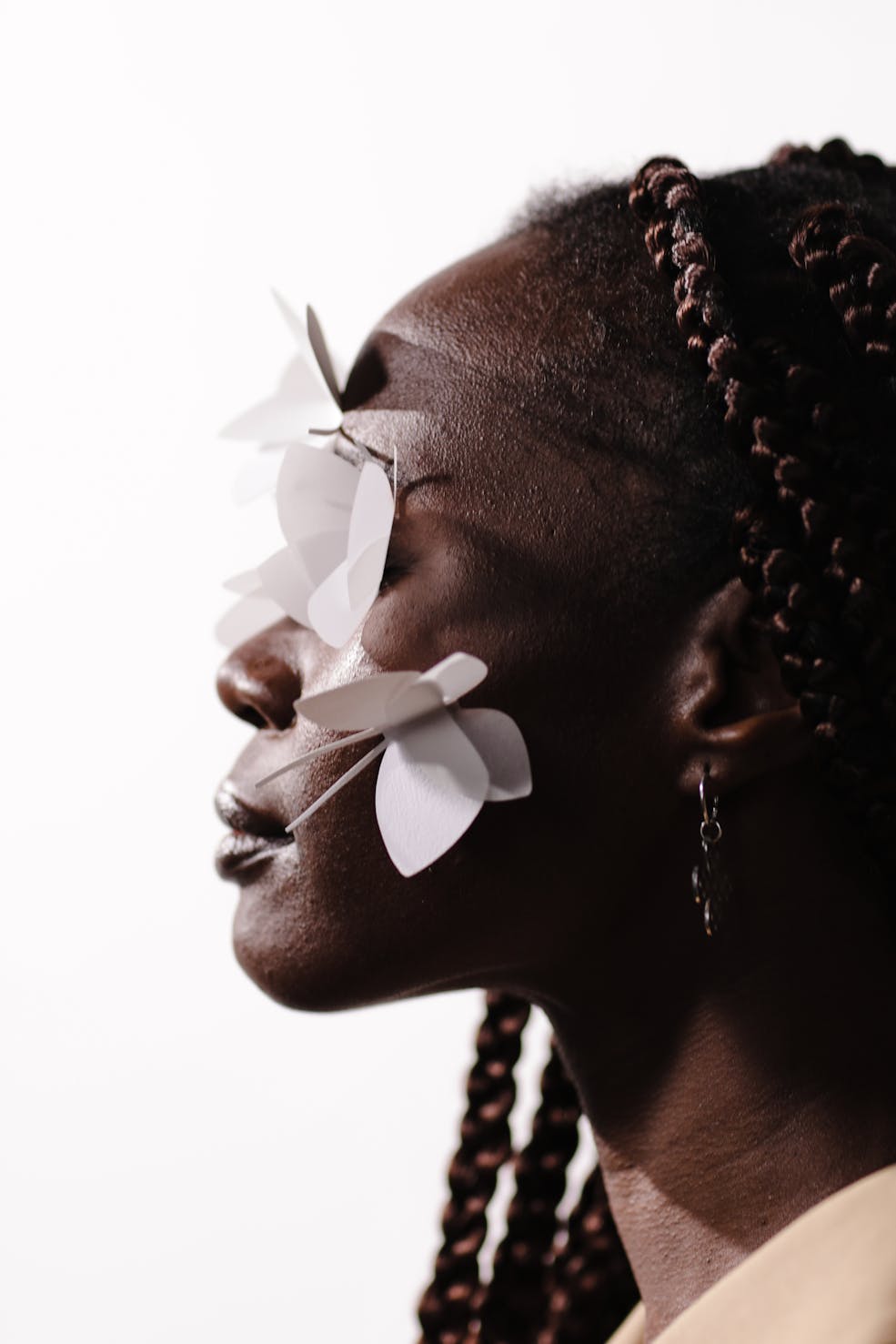 Side view of a woman on white background
