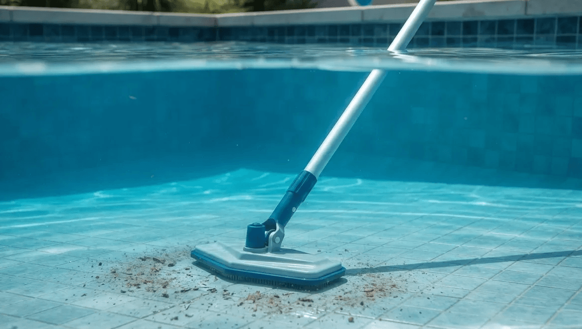 Traditional manual pool vacuum cleaning a swimming pool floor