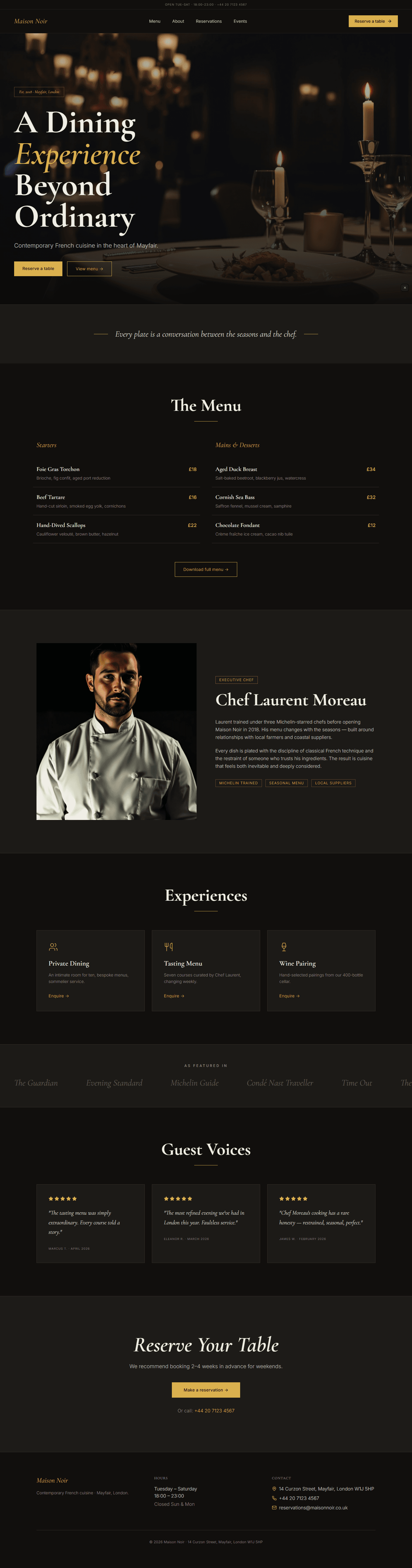 Restaurant website prompt full preview — near-black #0c0b0a background with warm gold #d4a853 accent, Cormorant Garamond 700 hero headline anchored to bottom of full-bleed dish photo with composition-independent gradient overlay, centered philosophy quote flanked by animated gold horizontal rules, two-column menu teaser with dish names and gold prices, and continuous Cormorant italic press publication marquee strip
