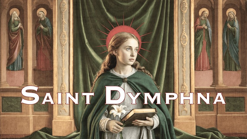 Sacred artwork by Faith and Verse. © Faith and Verse, 2025. All rights reserved.  Traditional Catholic saint portrait — Saint Dymphna of Geel holding a lily and book, symbolizing purity, healing, and martyrdom in sacred Christian tradition.