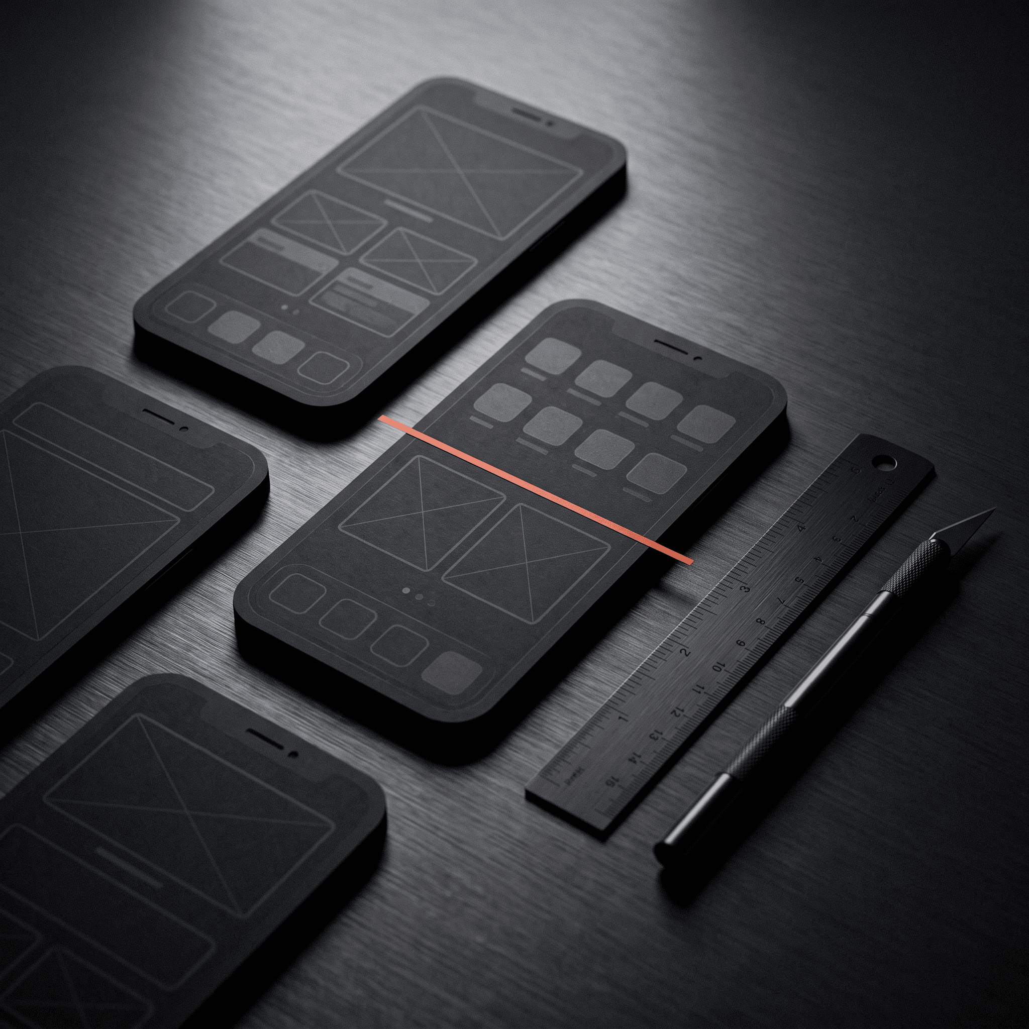 Black paper phone mockups with wireframes, a steel ruler and a precision knife