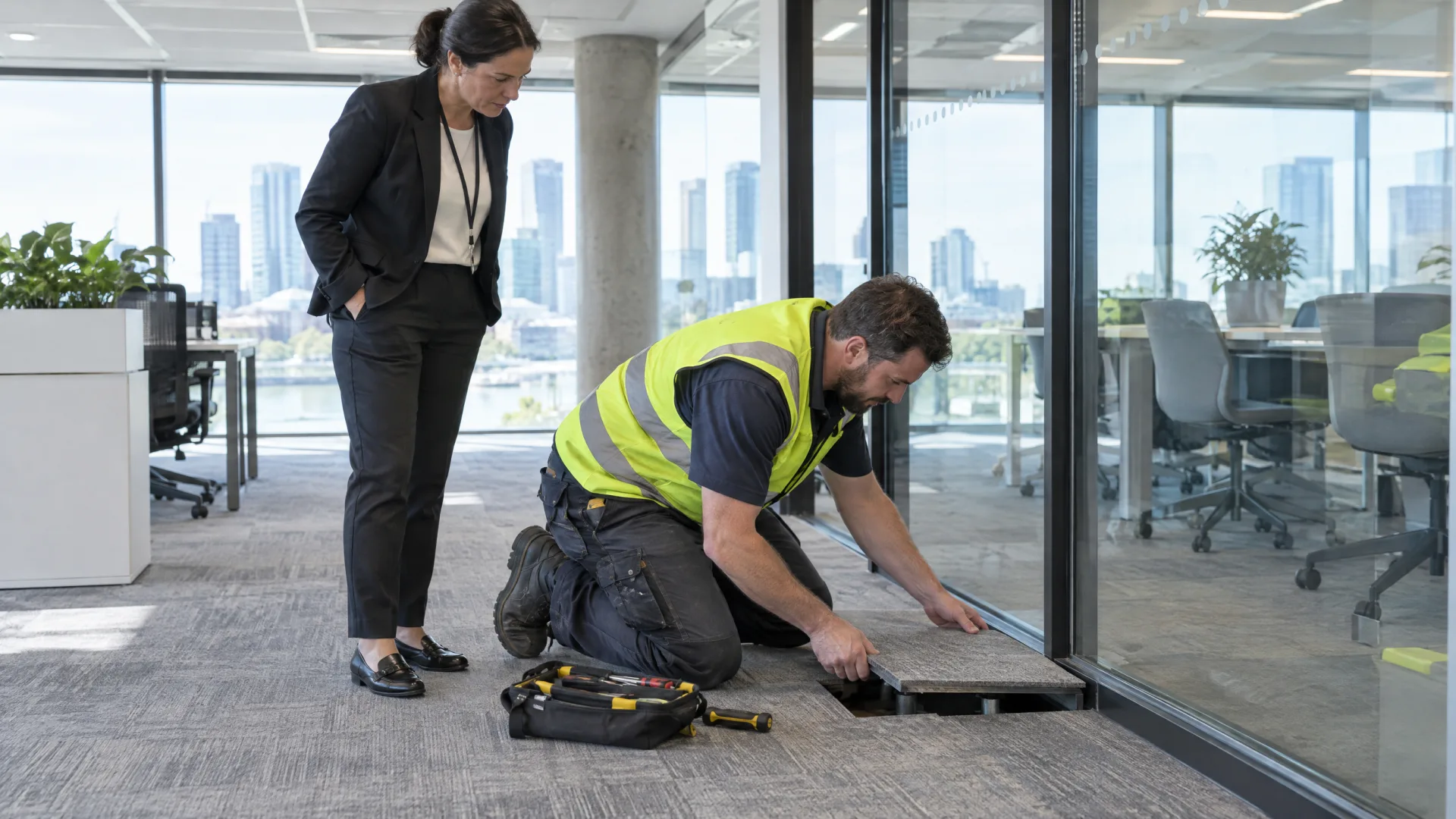 Builder's tradesperson fixing a floor tile in an occupied office during the defects liability period