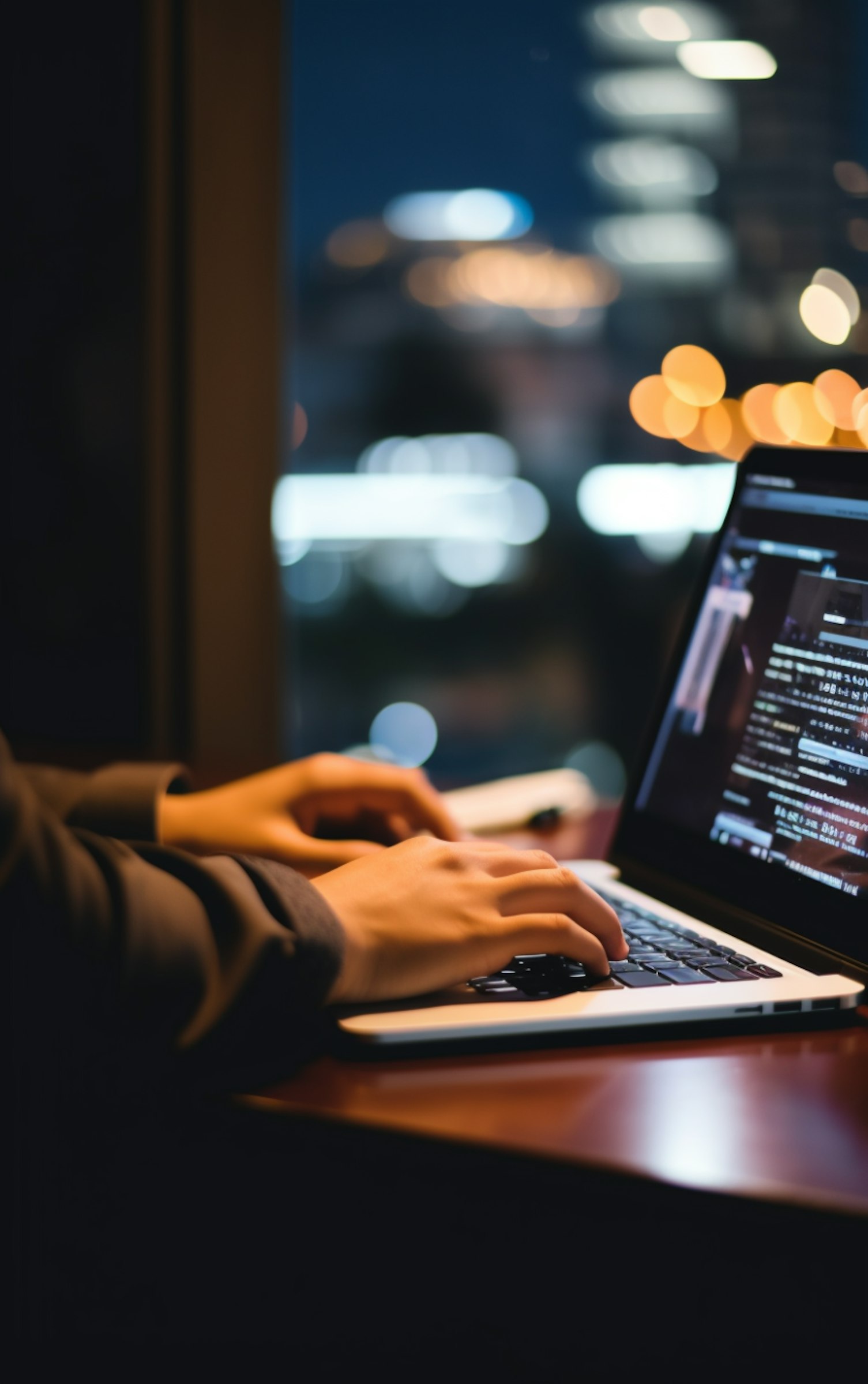 Person working on laptop at night, code visible on screen. City lights blurred in background. What we do so you do not have to.