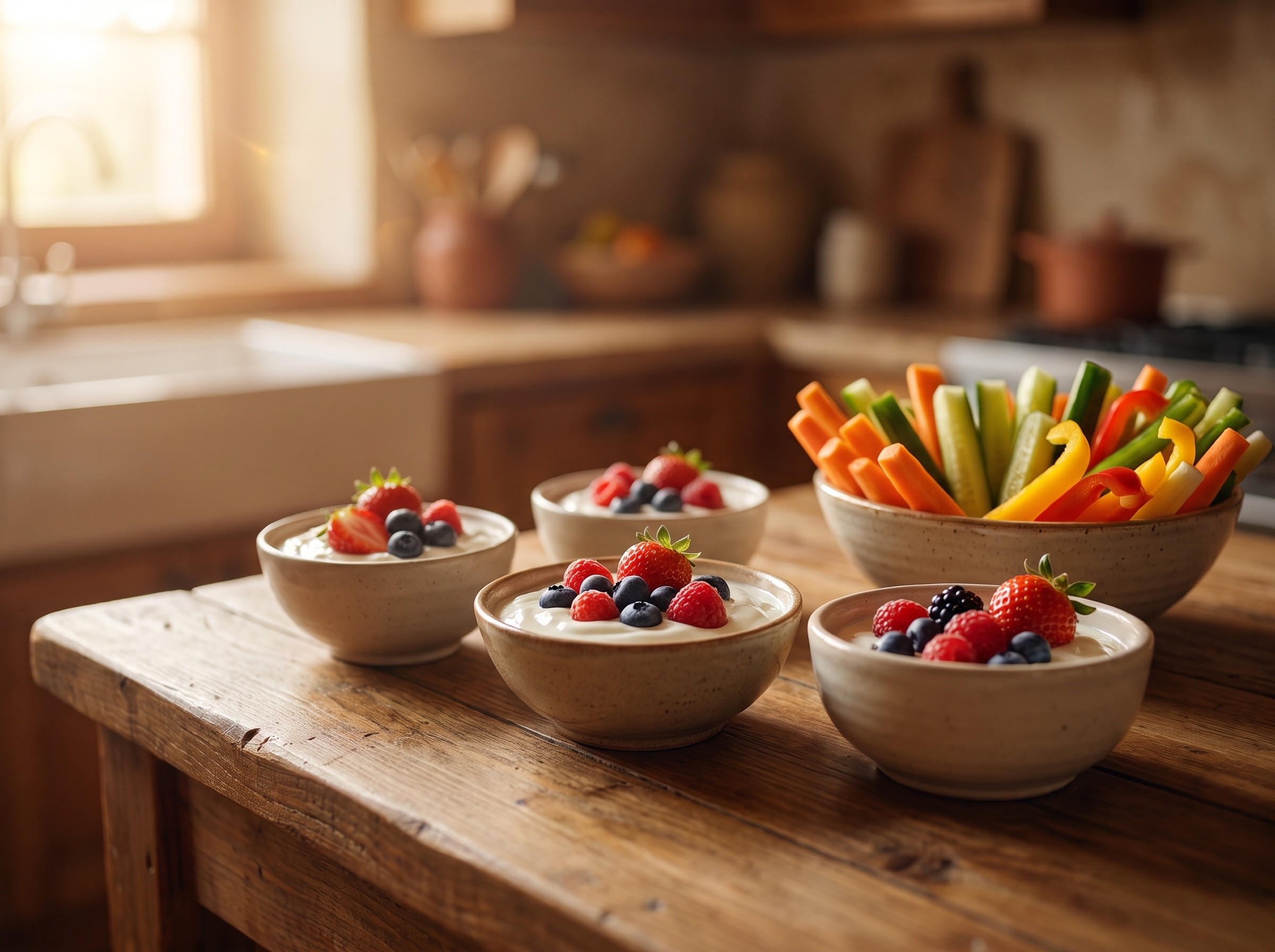 Kleine Schalen mit kalorienarmen Snacks, Naturjoghurt mit Beeren und Gemüsesticks, auf einer Küchenarbeitsplatte