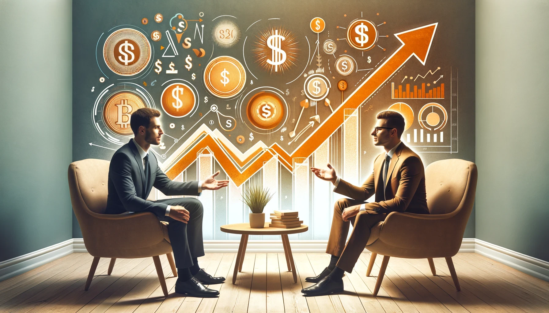 Coaching session at DareAhead, highlighting financial growth with charts and money symbols.