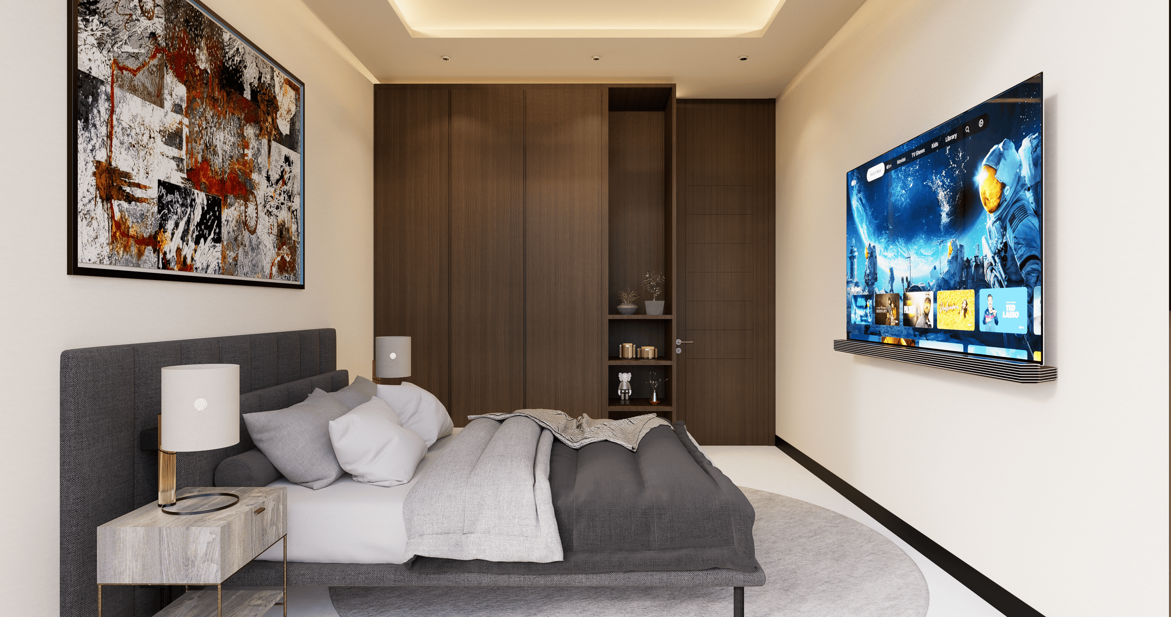 Luxury bedroom interior located within landmark a tower in altabrisa Merida.