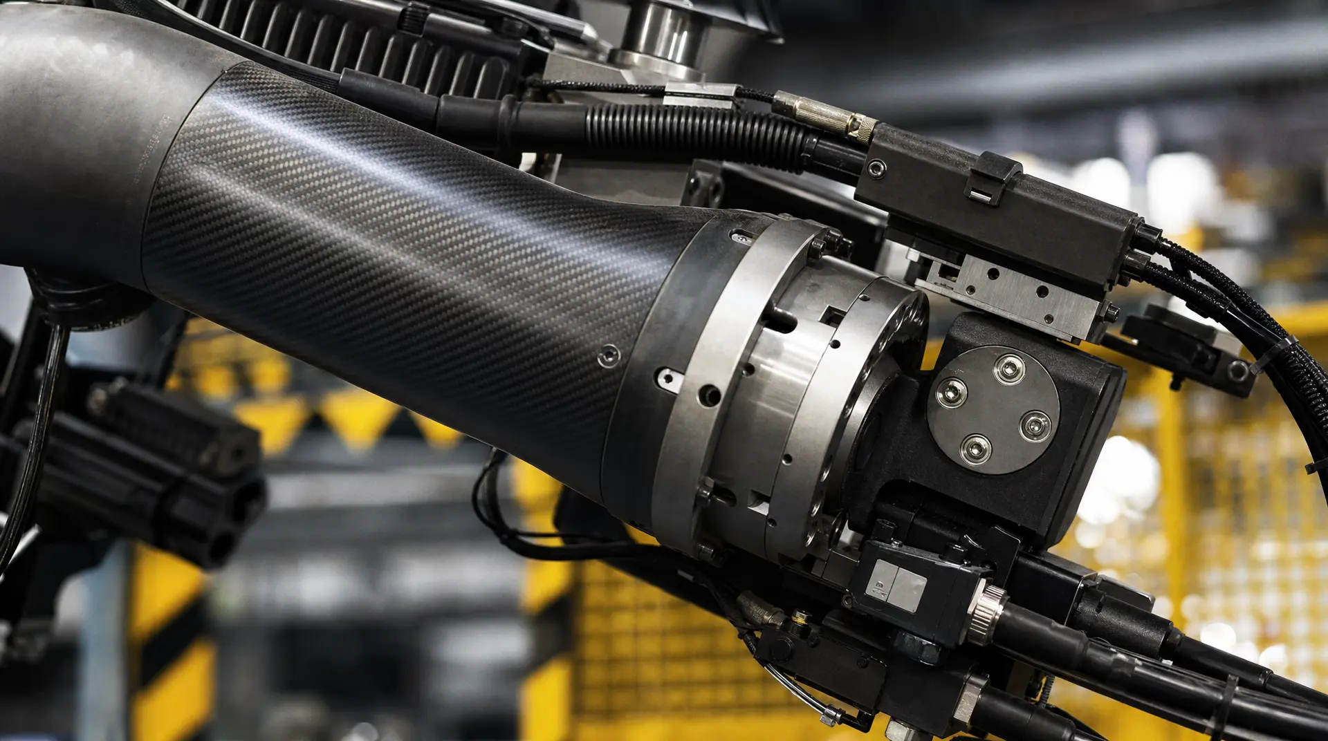 Close-up of a robotic arm with carbon-fiber housing and tooling in a factory bay, highlighting robotics branding for tech manufacturing.