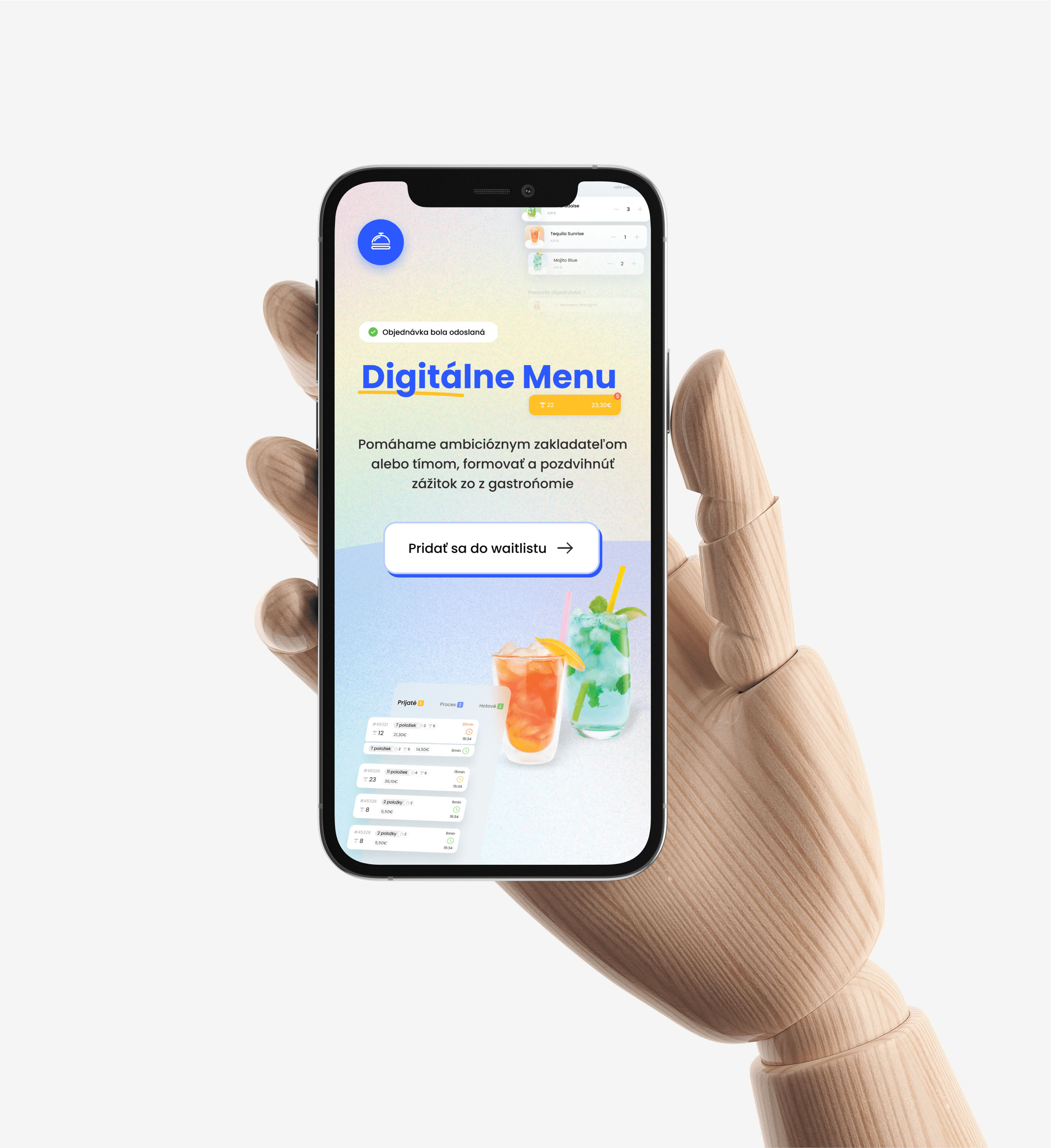 A wooden mannequin hand holding a smartphone displaying a digital menu app with a vibrant, modern interface. The screen features colorful cocktails, an order confirmation, and a call-to-action button inviting users to join the waitlist.