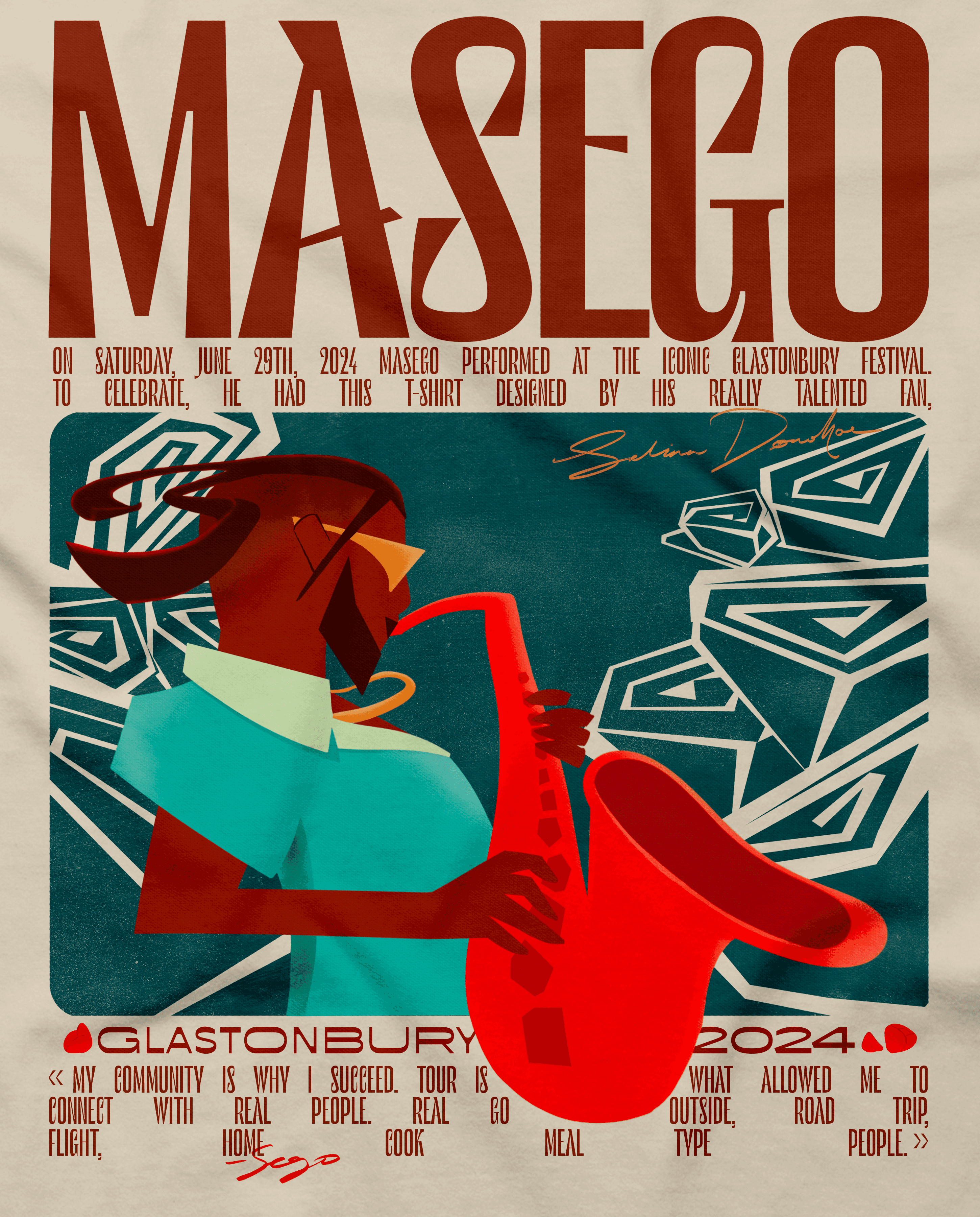 masego at glastonbury 2024 t-shirt design competition entry - selina donohoe