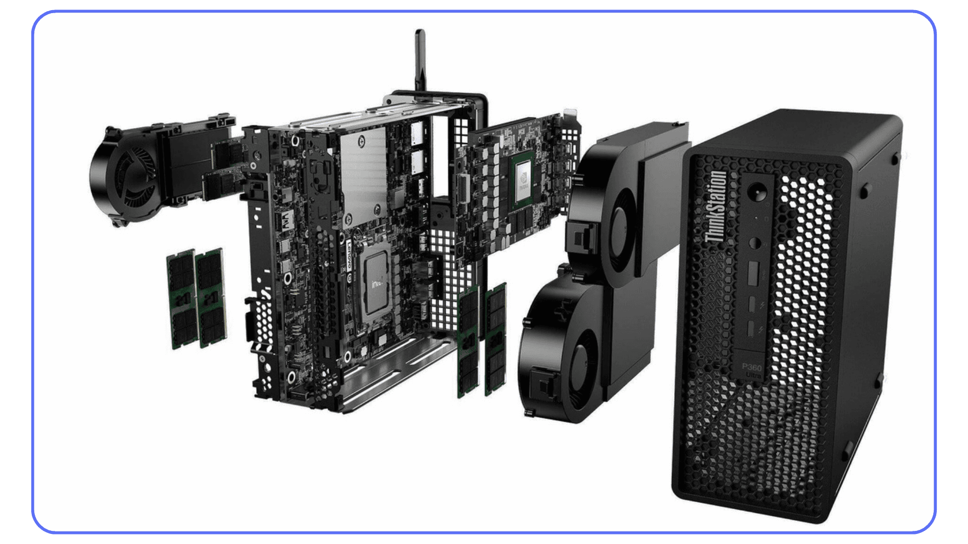 Exploded view of the Lenovo ThinkStation P3 showing CPU, RAM, GPU, and cooling components.