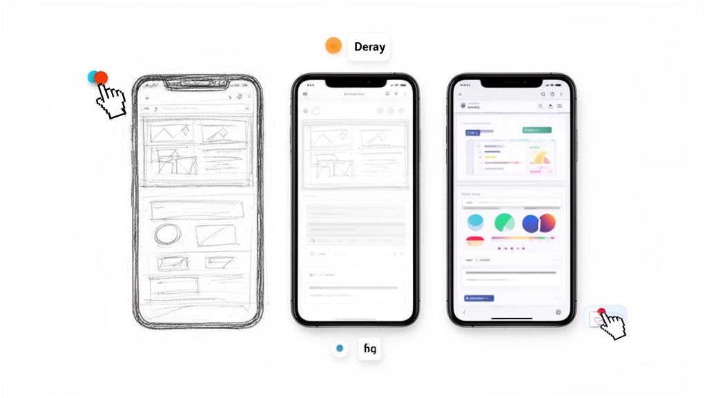 Three mobile phone screens illustrating the progression from UX sketch to high-fidelity UI design.