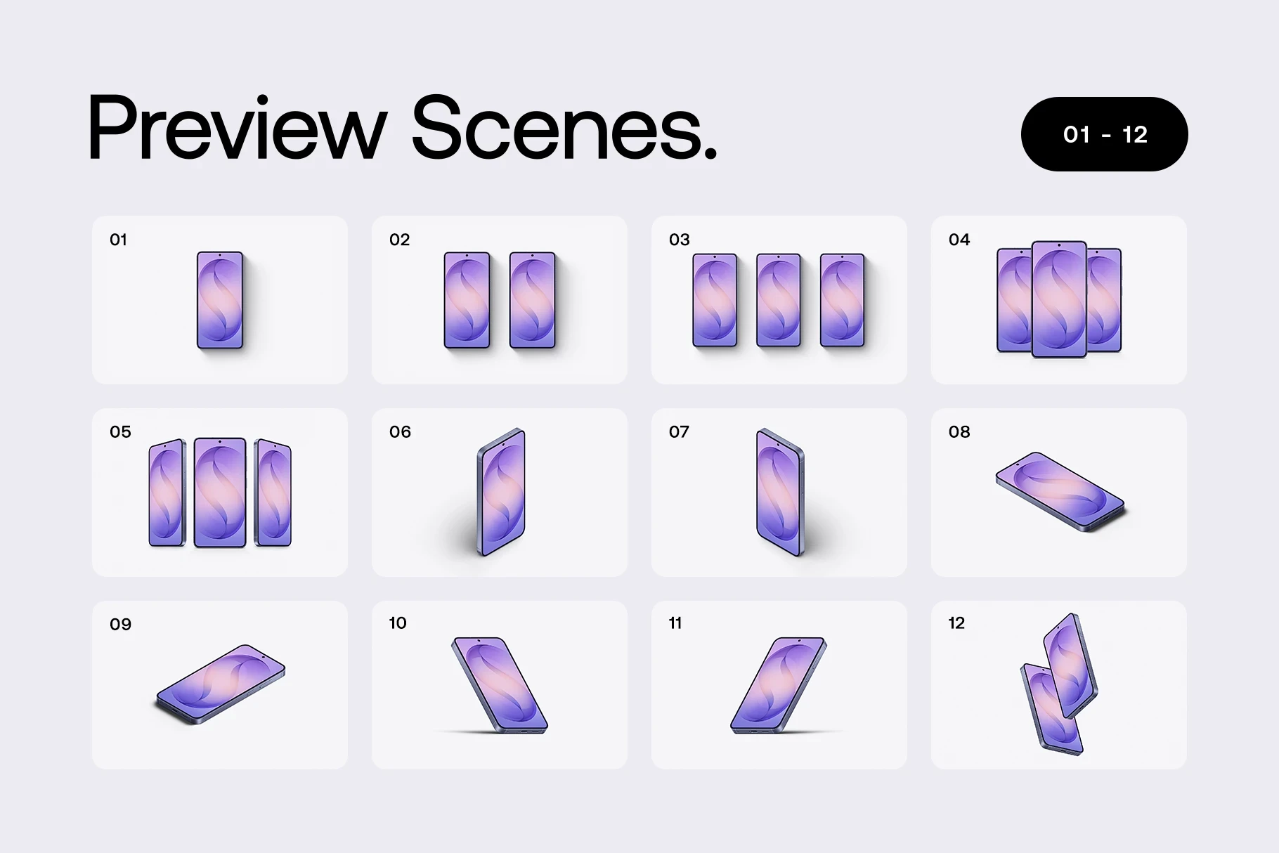 Preview of Galaxy S26 mockup scenes 01 to 12 with multiple angles and layouts.