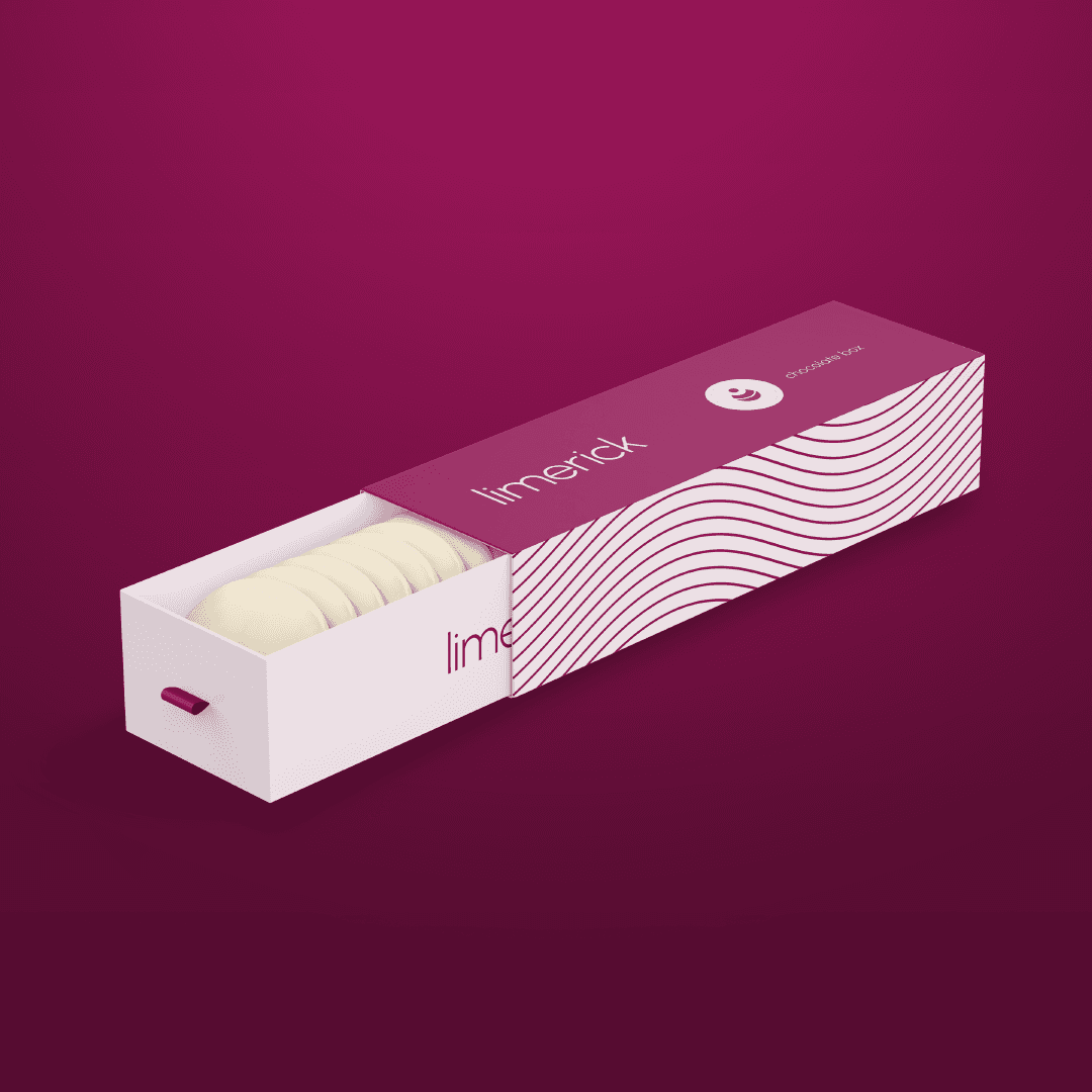 Sliding drawer chocolate box for Limerick with wavy graphics on magenta, open to reveal white chocolates.