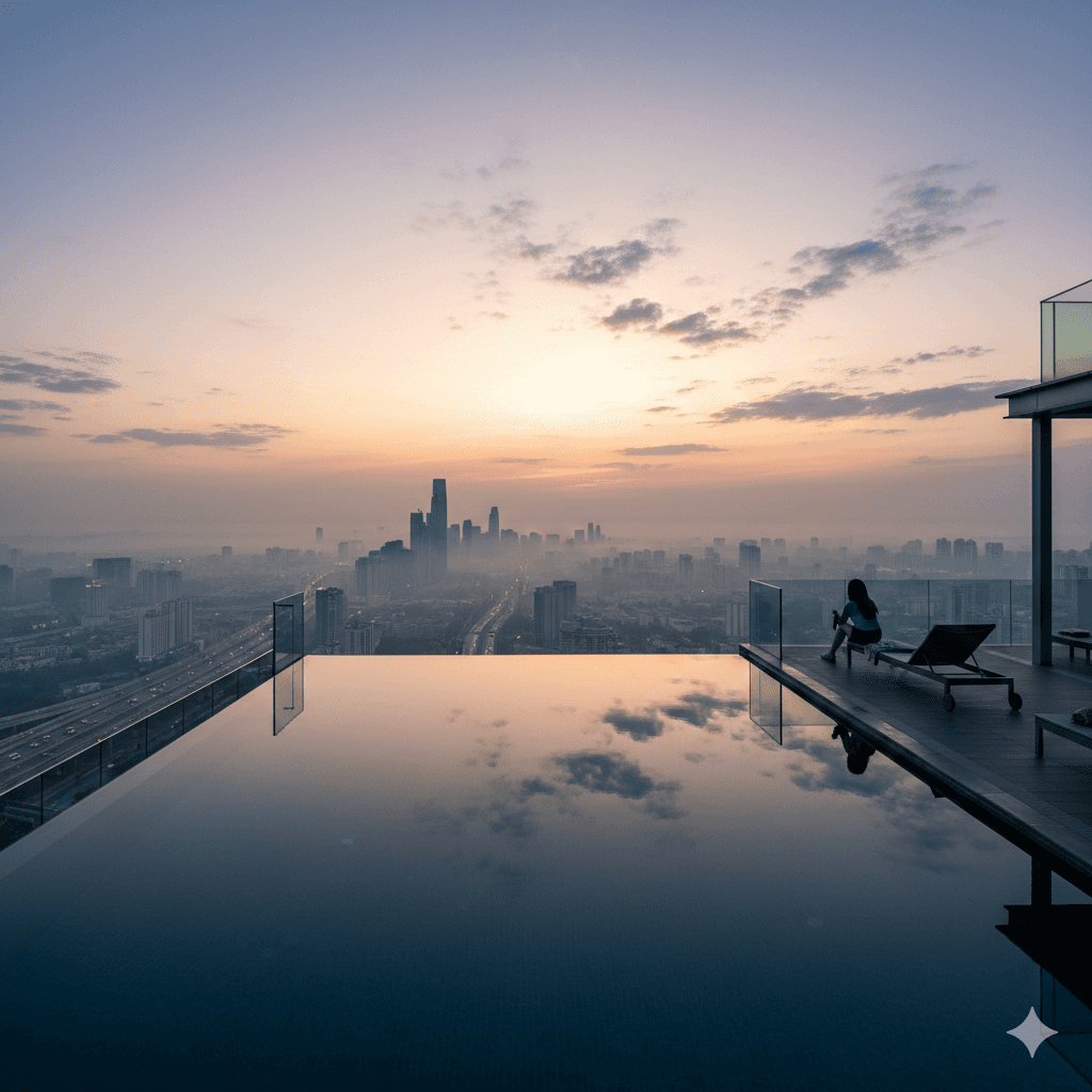 Rooftop infinity pool with city skyline view at dawn, luxury living in Sector 94