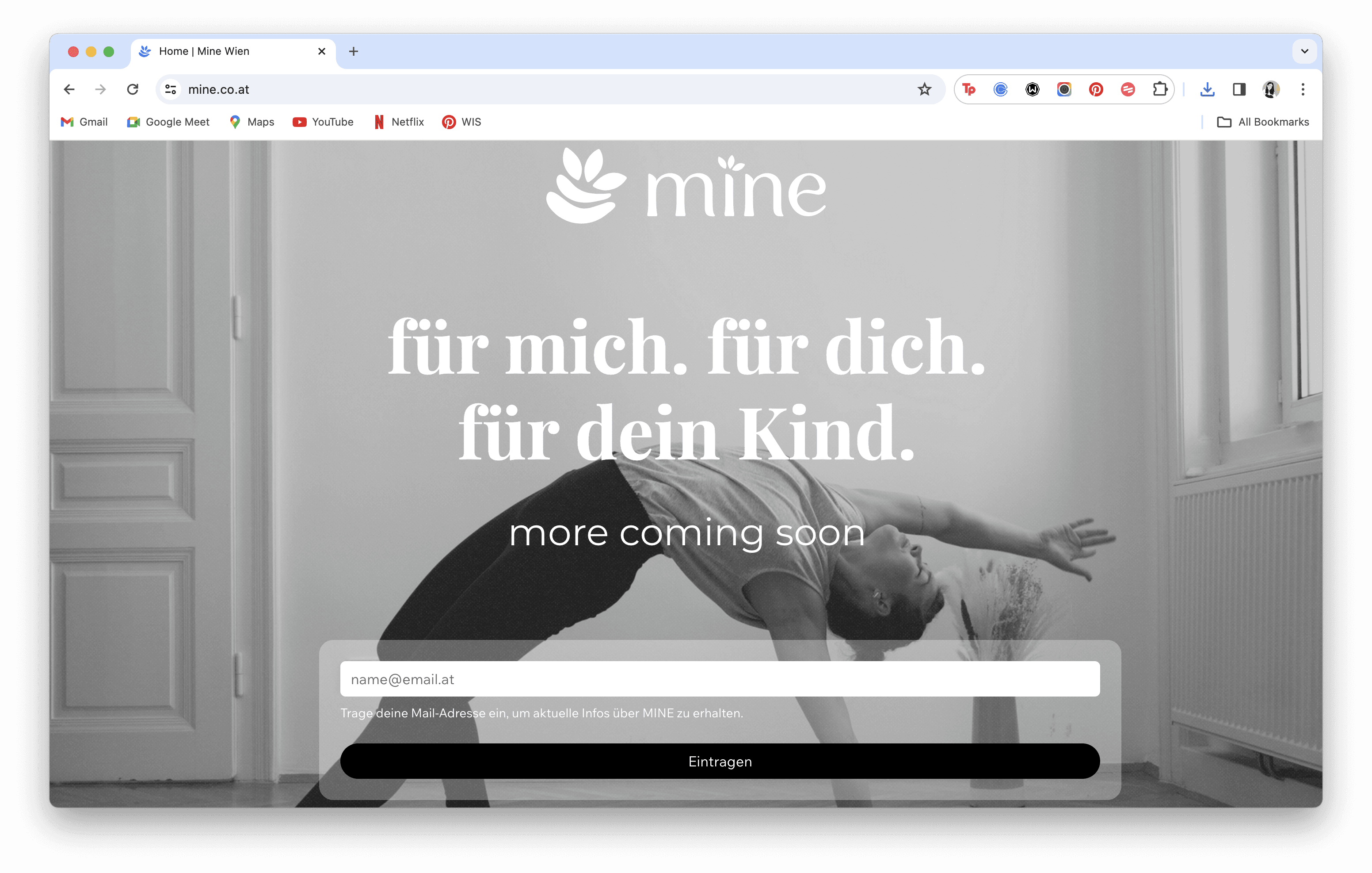 A screenshot of the homepage for Mine Wien, showing a person performing a yoga bridge pose. The text reads 'für mich. für dich. für dein Kind.' and 'more coming soon.' with a field for entering an email address. Designed by House Of Five Studio.