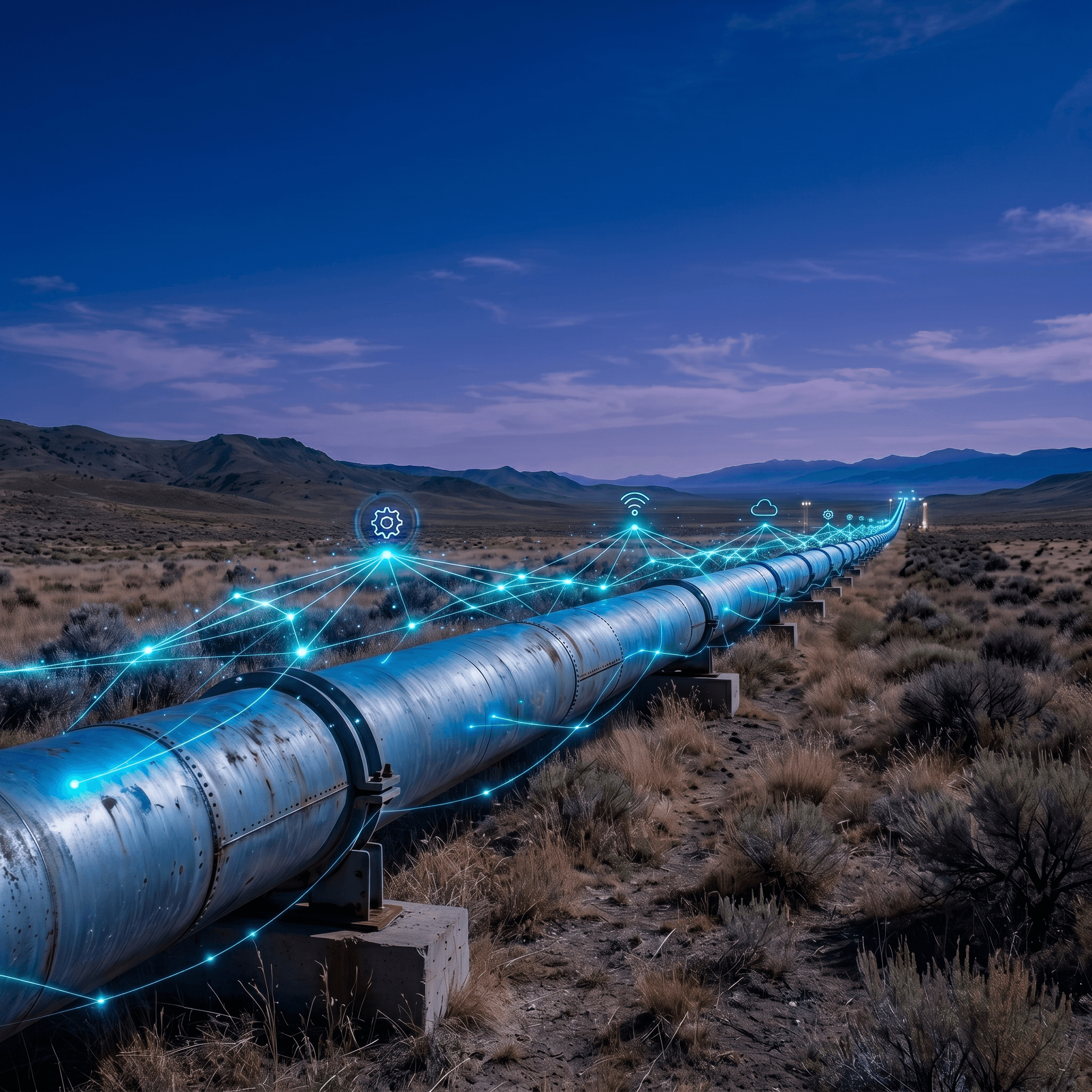 Crude oil pipeline running through remote desert terrain at twilight with active monitoring sensors. 