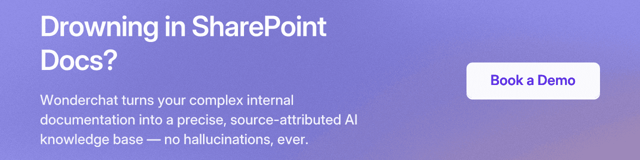 Drowning in SharePoint Docs? Wonderchat turns your complex internal documentation into a precise, source-attributed AI knowledge base — no hallucinations, ever. Book a Demo