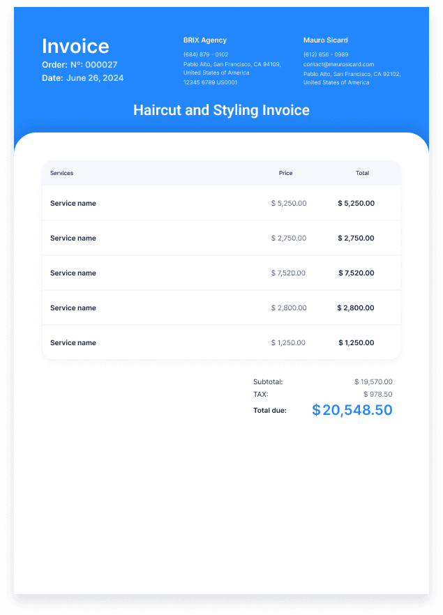 Haircut and Styling Invoice