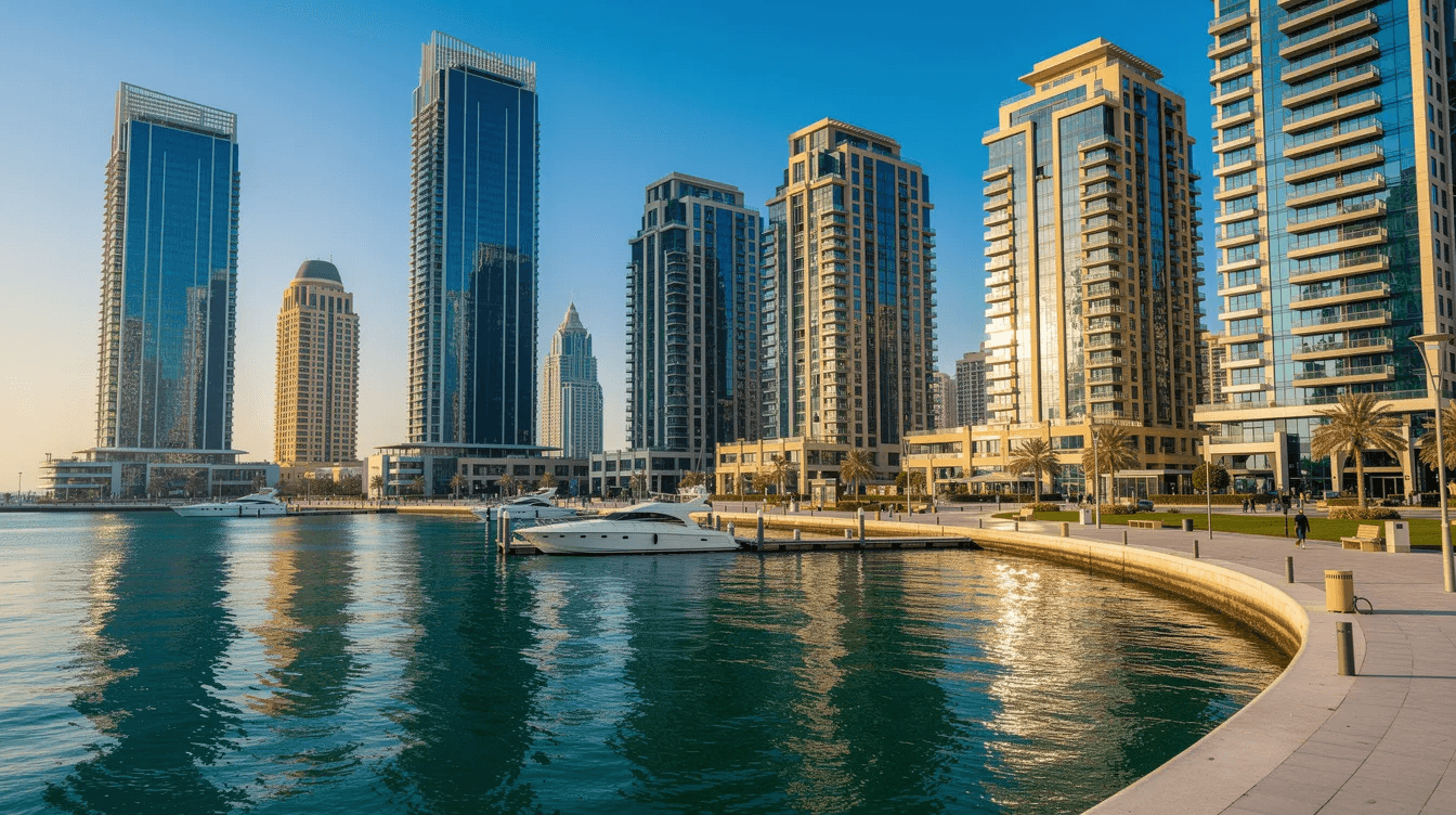 The image depicts the modern Dubai skyline featuring sleek glass office towers that reflect sunlight, overlooking a vibrant marina. This scene highlights the dynamic business environment of Dubai, where accounting firms and audit services thrive, providing essential financial advisory and corporate tax compliance to local and international businesses.