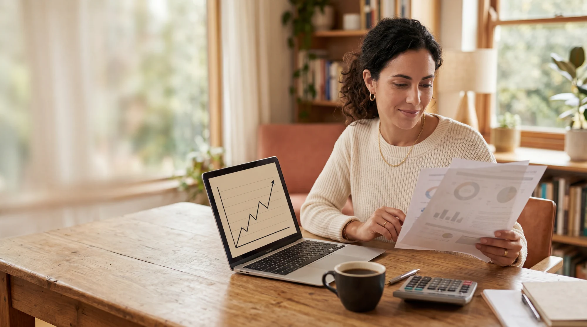 Dona de pequeno negócio analisando lucro, fluxo de caixa e relatórios financeiros para verificar a lucratividade real