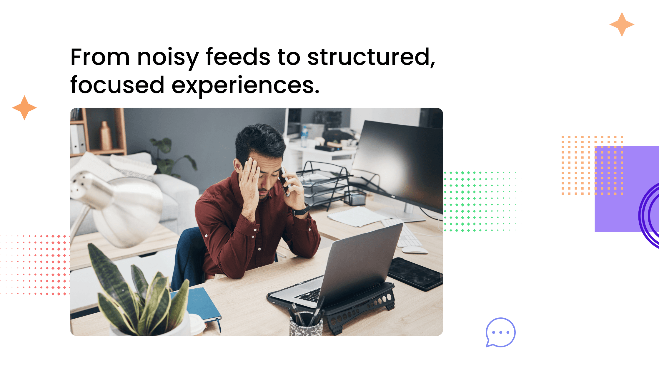 Coach at cluttered desk managing multiple screens, showing shift from noisy feeds to structured, focused coaching experiences.