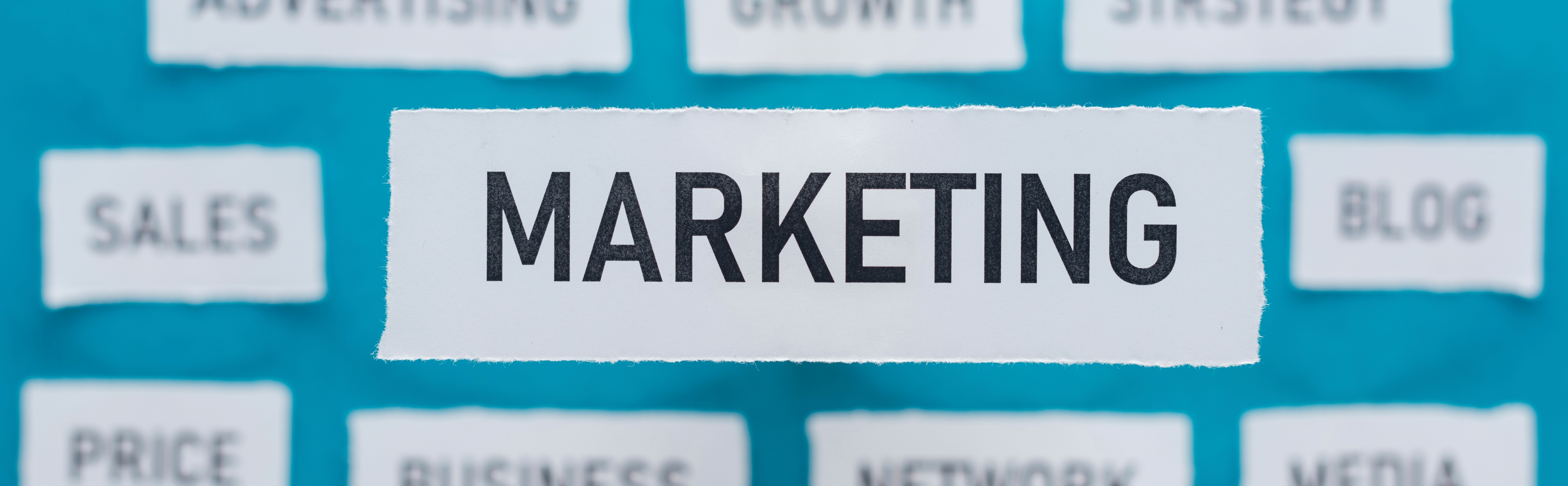 The word Marketing on a torn piece of paper surrounded by related terms including sales, growth, strategy, and advertising — representing the many components of a complete marketing plan