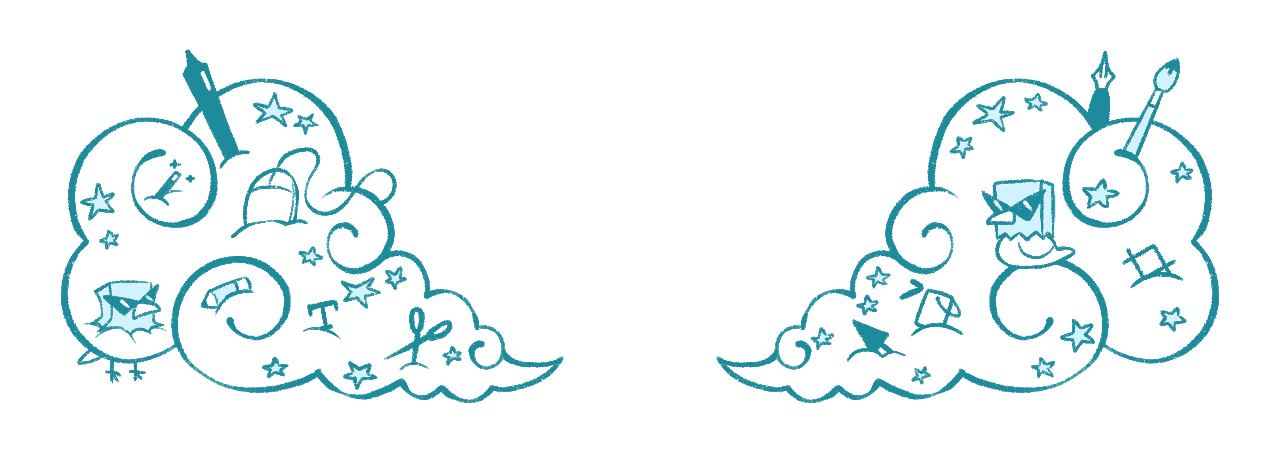 Header image of two clouds on either side of the opening messgae, decorated with graphic design related items. Two mascots sit on the clouds.