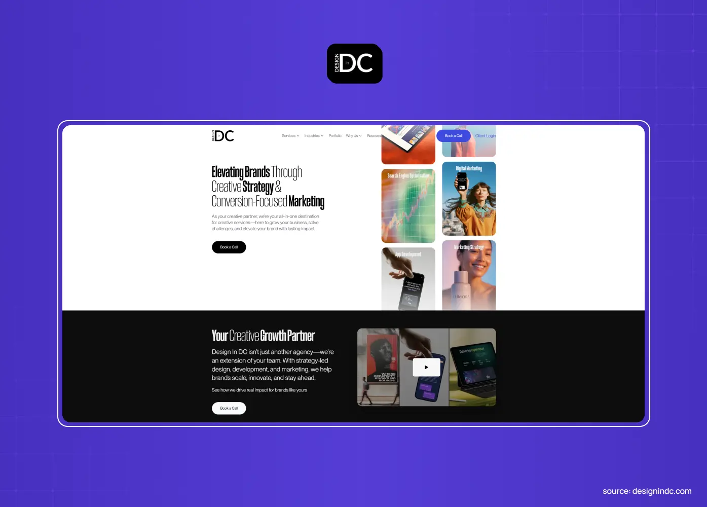 DC creative agency website promoting brand elevation through creative strategy and conversion-focused marketing, with colorful project visuals.