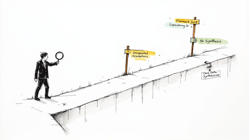 Businessman with magnifying glass on a path, facing challenges like unsupported assumptions and no synthesis.